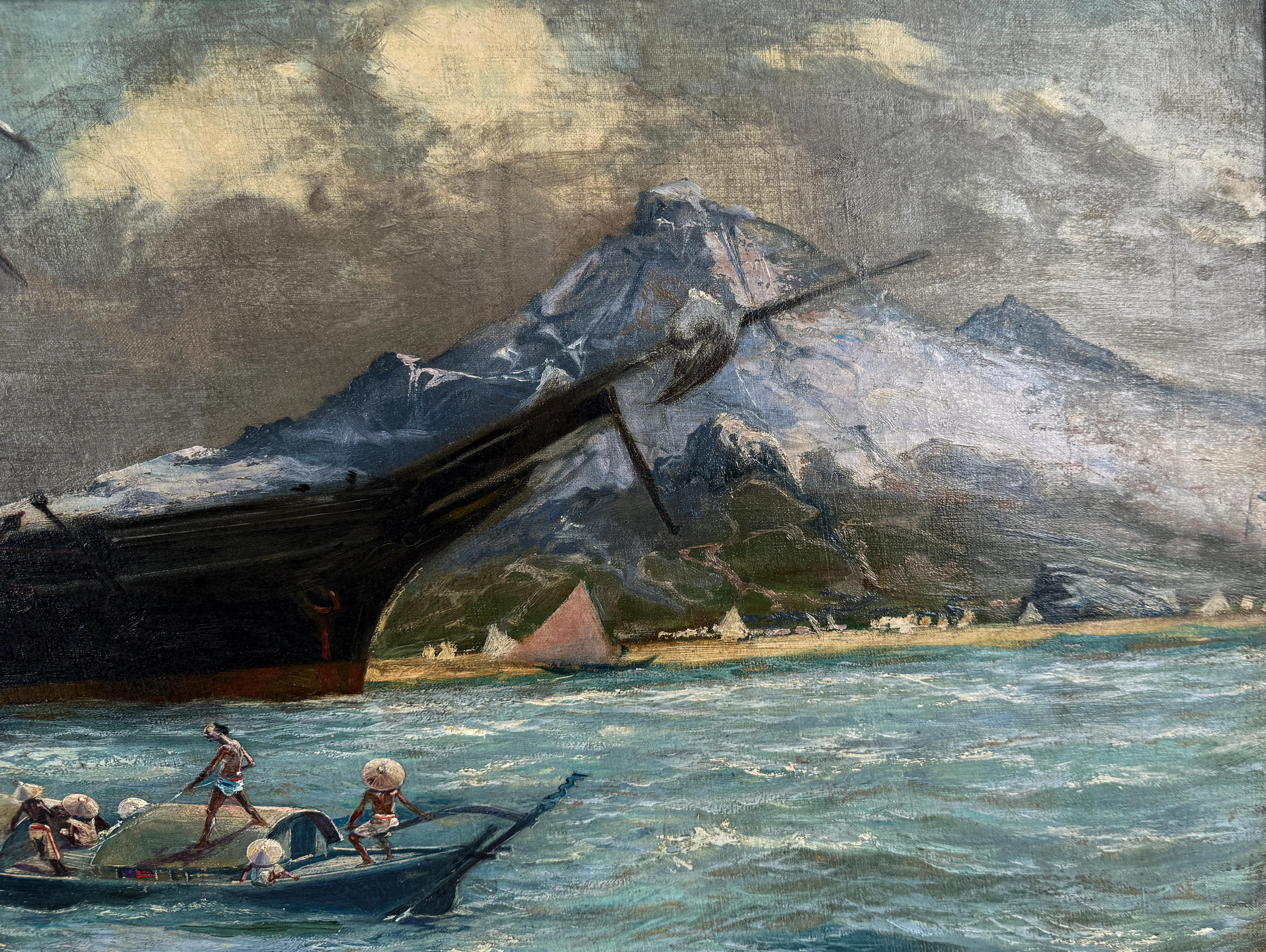 19th Century Original Oil Malaysian Fishermen and Schooner For Sale 3