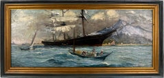 19th Century Original Oil Malaysian Fishermen and Schooner