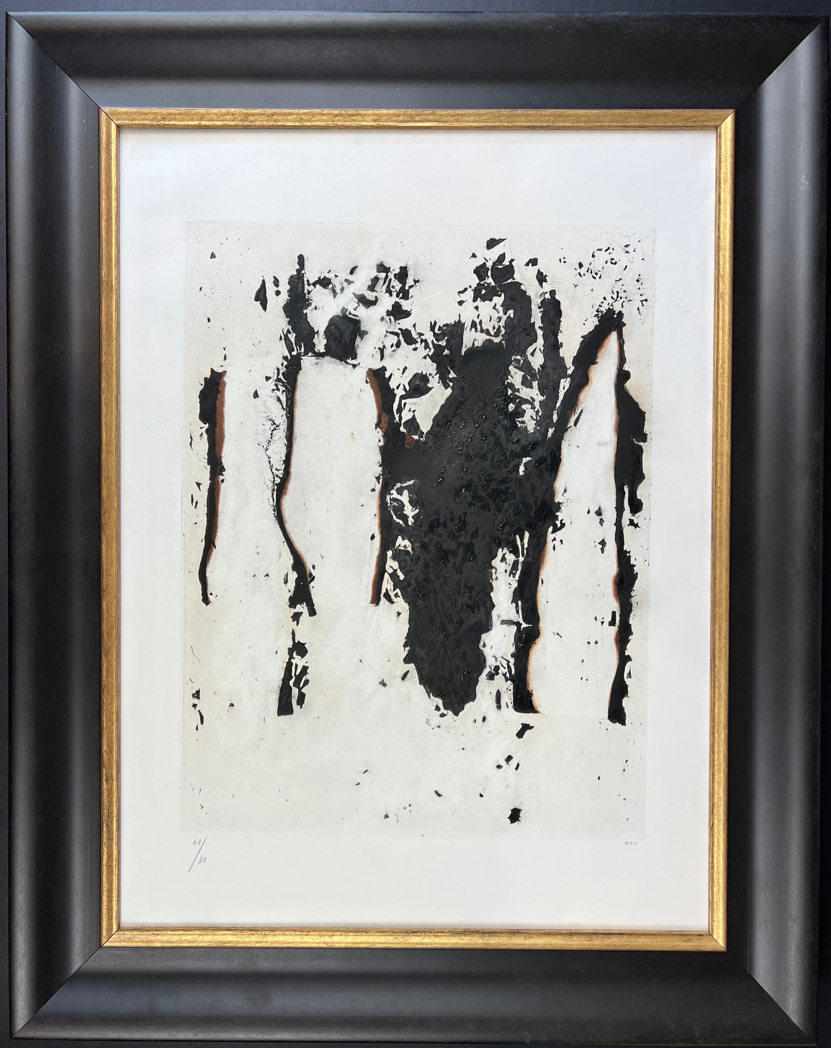 A rare edition work from “COMBUSTIONI” series,
dating back to the mid-60s.
Comes from a folder of 6 etchings and aquatints on Fabriano paper edited in 1965 by 2RC and Marlborough Gallery in Rome
limited edition in 80 copies in cardinal numbers and