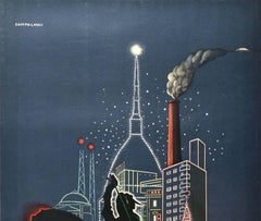 Original Vintage Travel Poster Torino Italy Turin Bronze Horse Piazza San Carlo