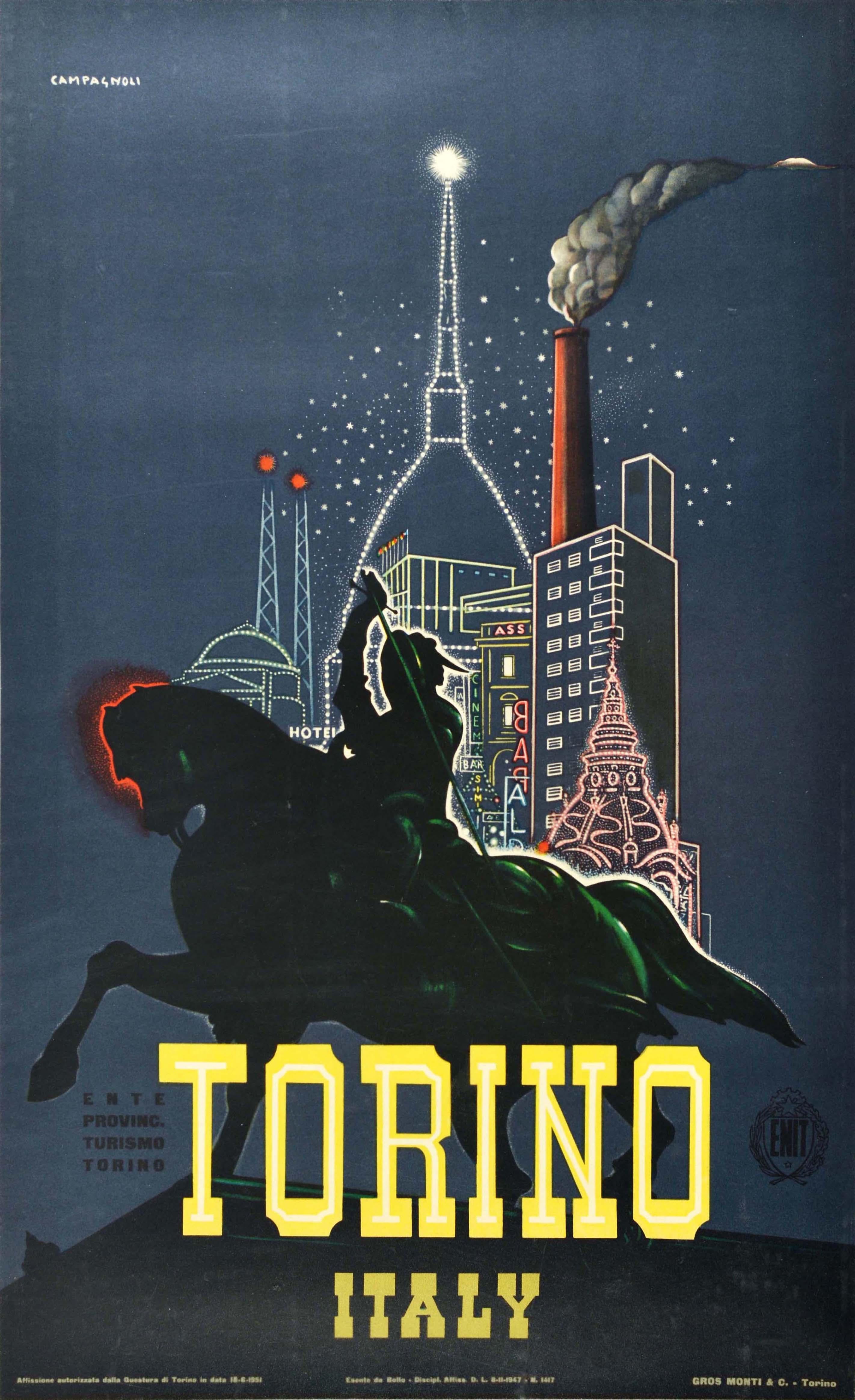 Alberto Campagnoli Print - Original Vintage Travel Poster Torino Italy Turin Bronze Horse Piazza San Carlo