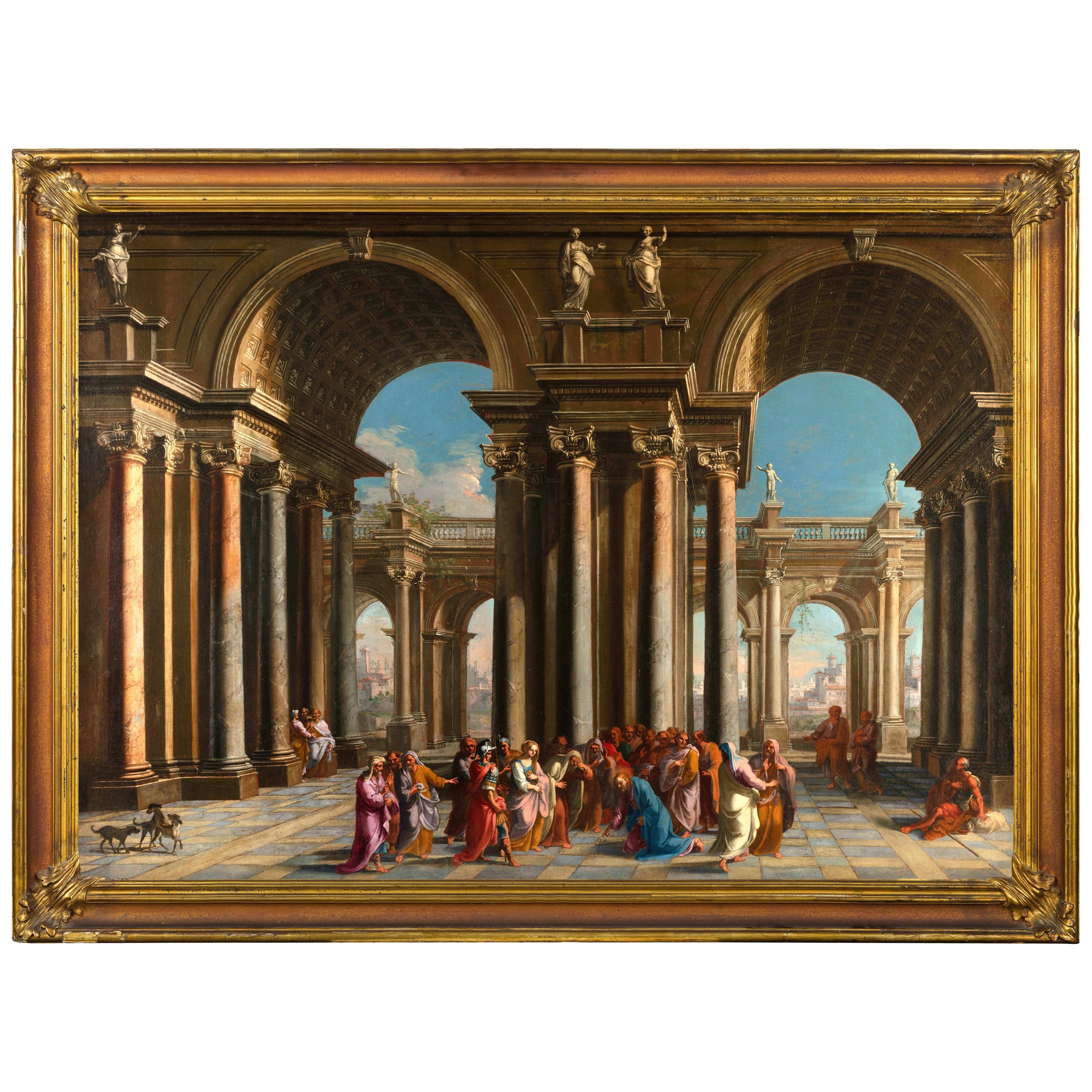 Alberto Carlieri, Capriccio with Christ and the Adulteress, Oil on Canvas For Sale