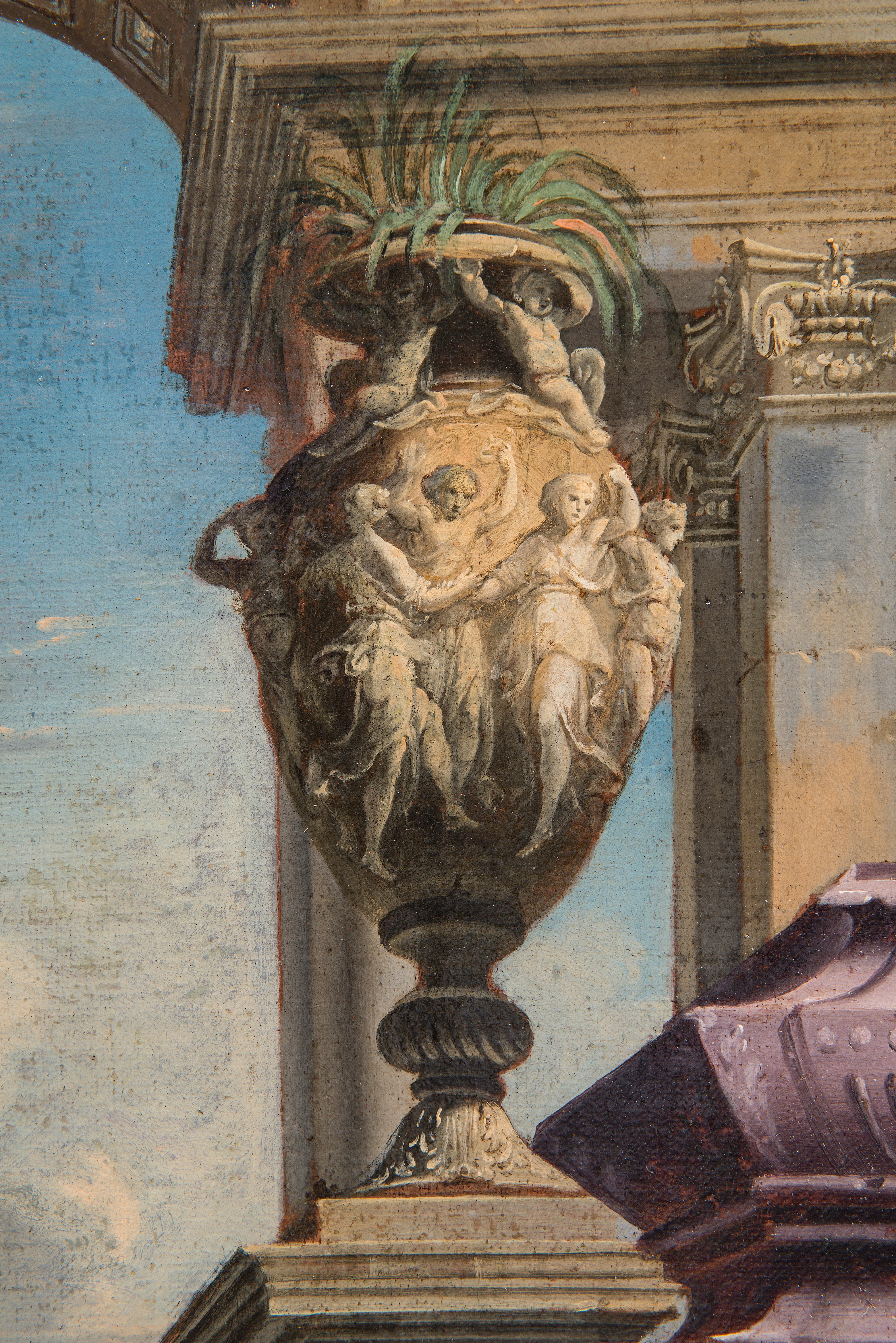 17th Century Alberto Carlieri, Painting with Architectural Capriccio  For Sale