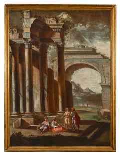 18th Century Alberto Carlieri Capriccio Landscape Oil on Canvas Grey Red Yellow
