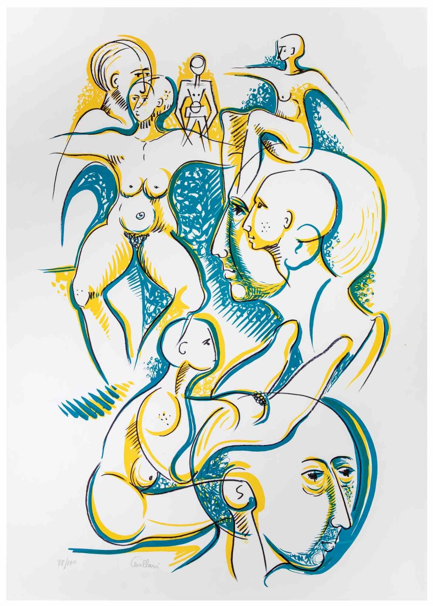 Blue and Yellow Figures ist eine Lithographie auf Papier, die Alberto Cavallari in den 1970er Jahren realisierte.

Handsignierte und nummerierte Auflage von 100 Drucken.

Gute Bedingungen.