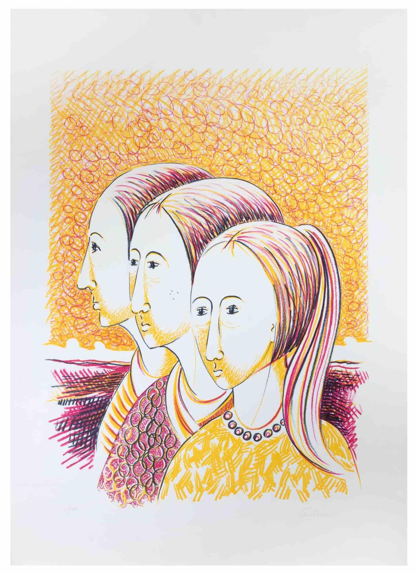 Three Girls is a lithograph on paper realized by Alberto Cavallari in the 1970s.

Hand-signed, and numbered, edition of 100 prints.

Good conditions.

The artwork realized through harmonious bright colors beautifully.