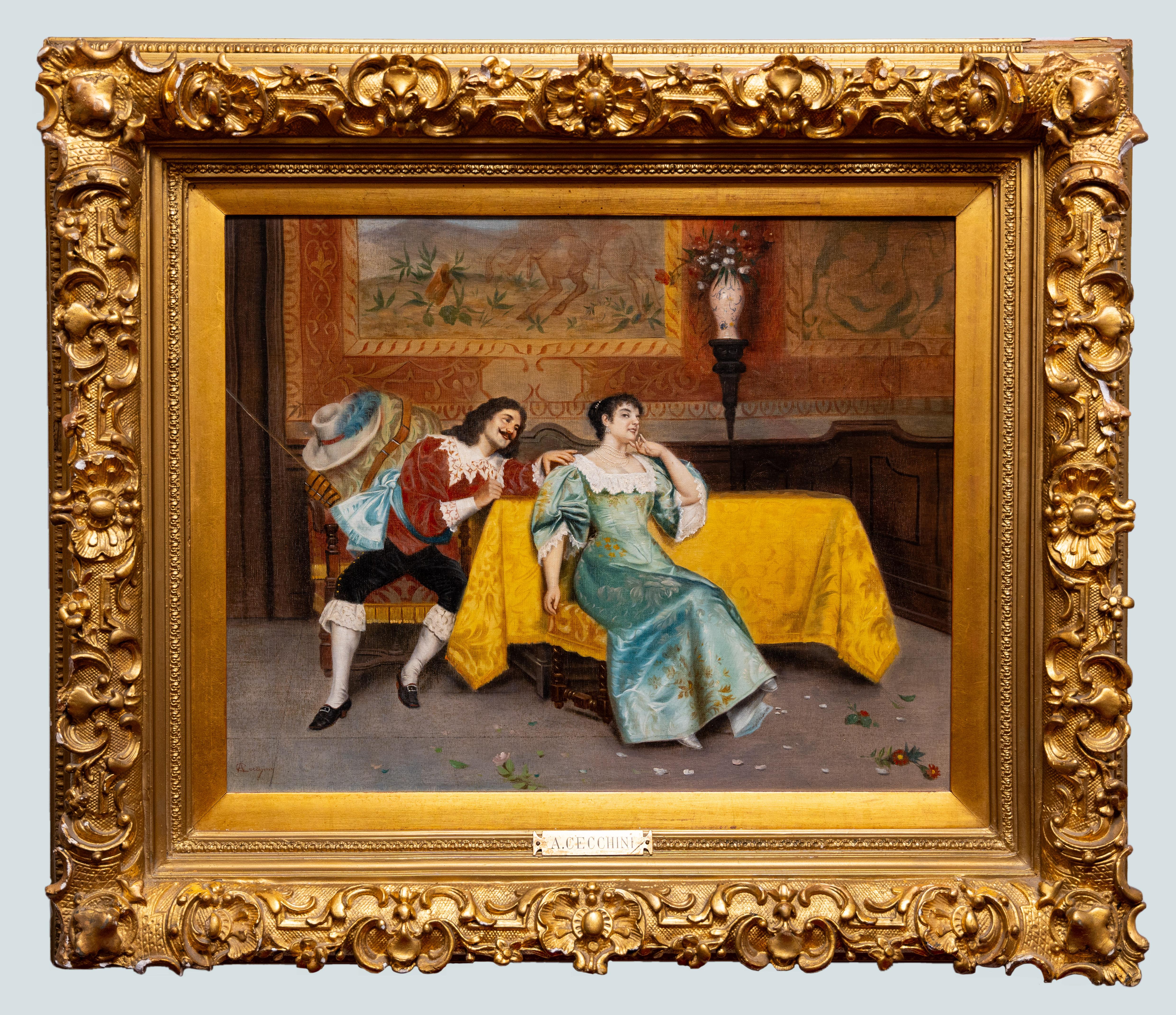 "Un interludio romantico" di Alberto Cecchini è una meravigliosa opera d'arte del XIX secolo che incarna l'eleganza e l'intensità emotiva dell'epoca romantica in Italia. Il dipinto raffigura un momento di tranquillità tra due figure, forse amanti,