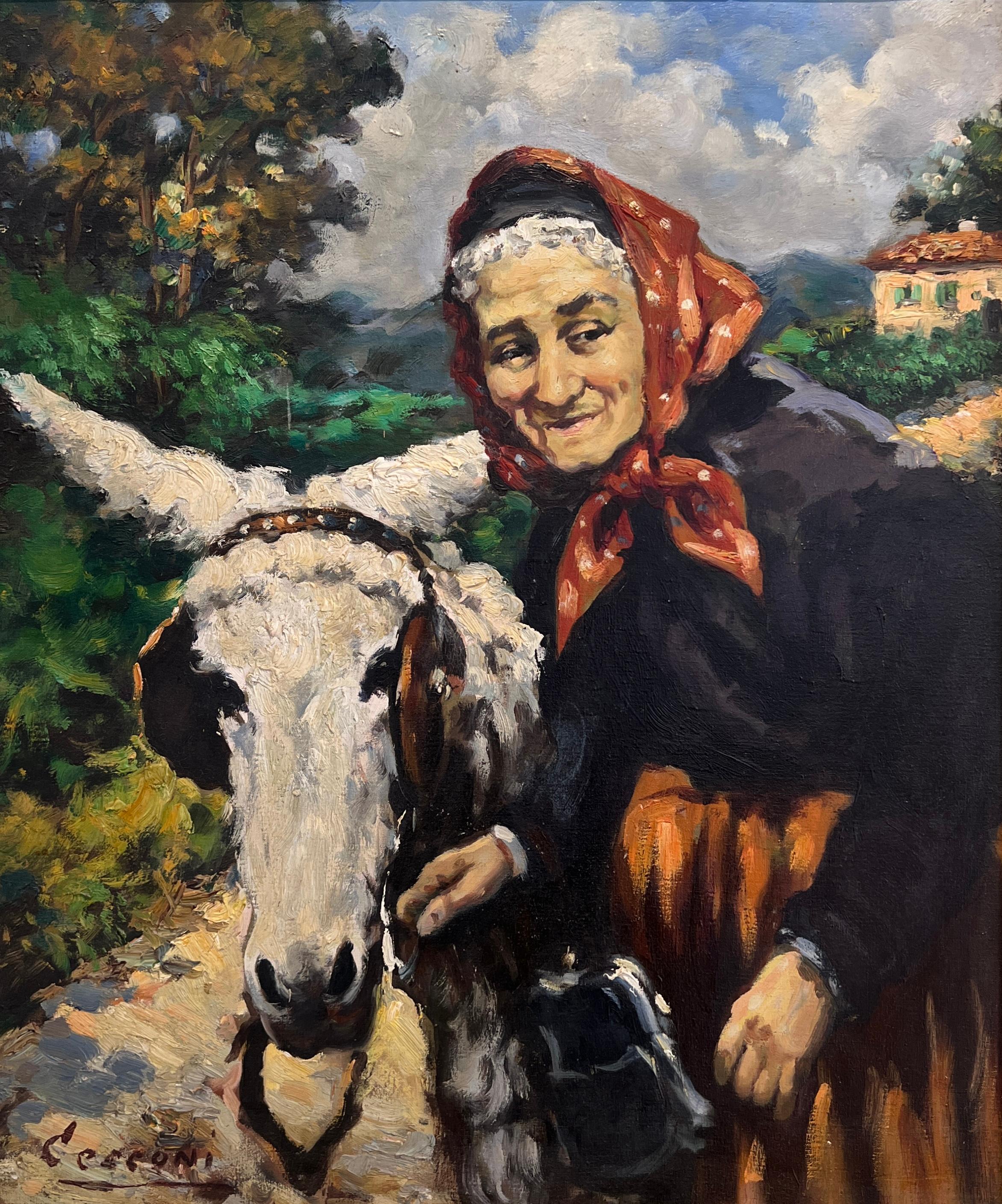 Alberto Cecconi Animal Painting - Old woman and her donkey