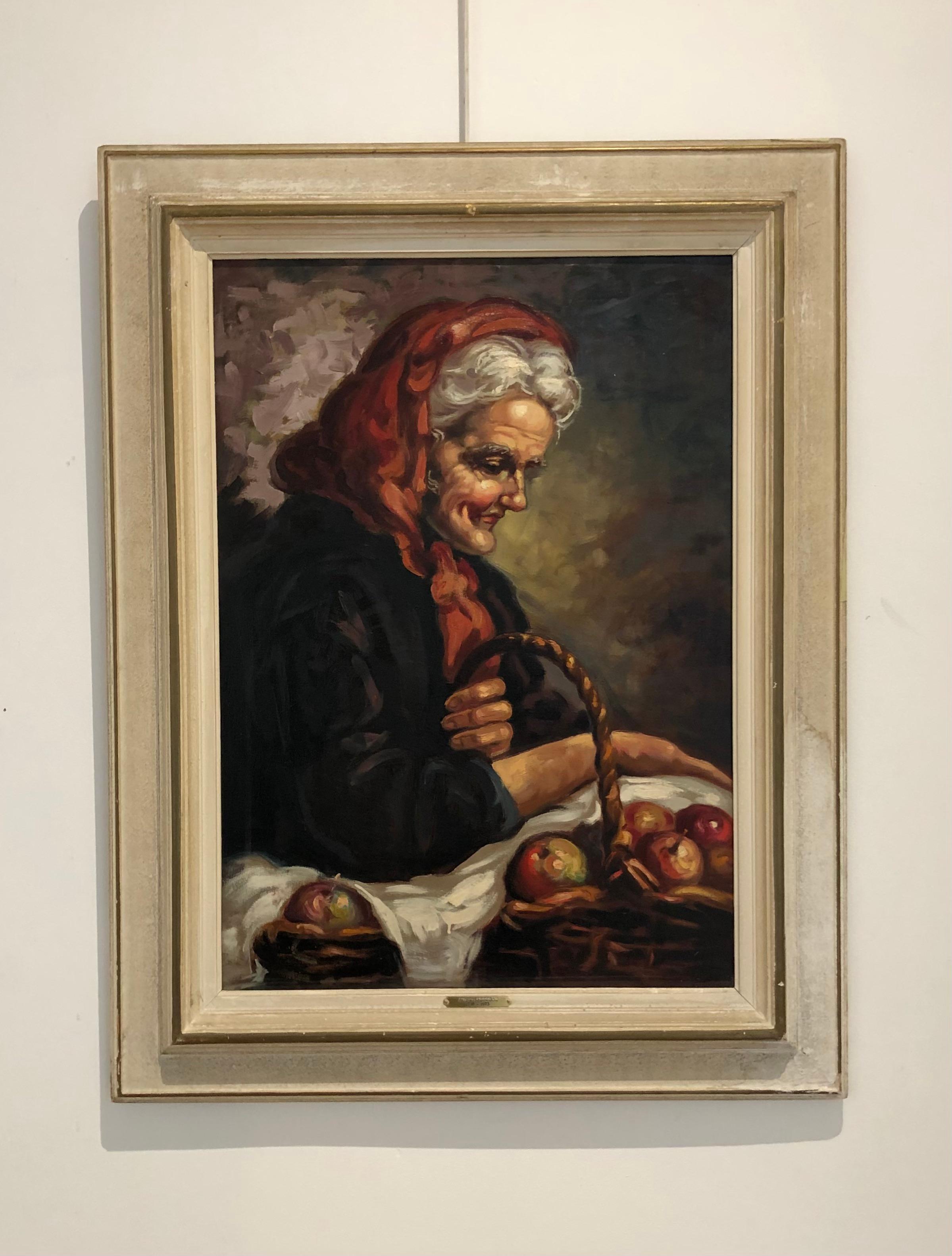 Alte Frau mit einem Korb mit Äpfeln – Painting von Alberto Cecconi