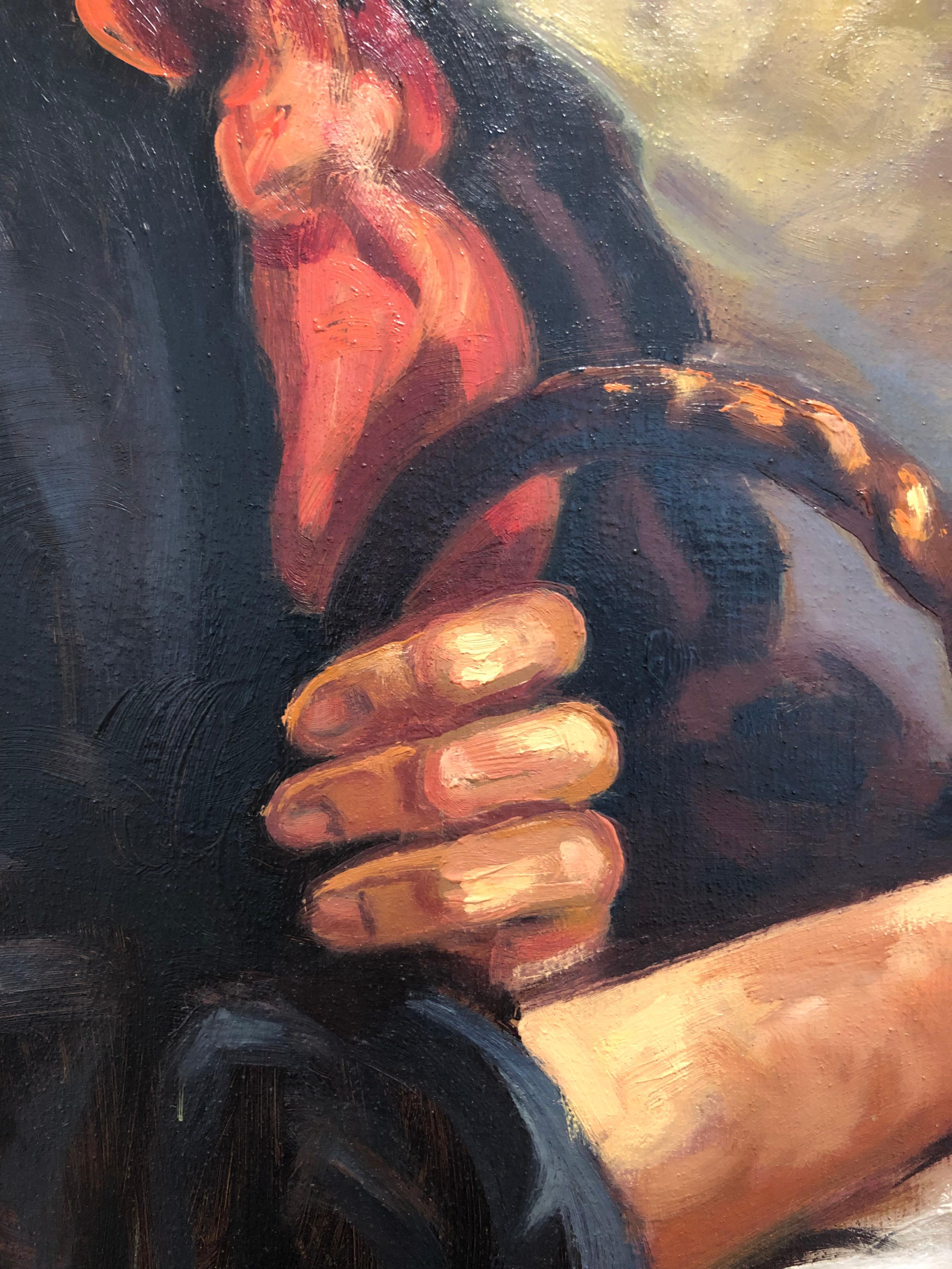 Alte Frau mit einem Korb mit Äpfeln (Schwarz), Figurative Painting, von Alberto Cecconi