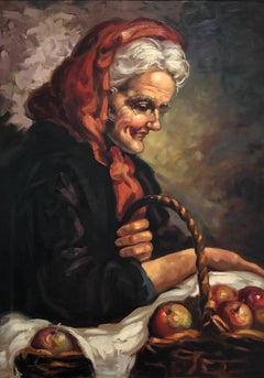 Alte Frau mit einem Korb mit Äpfeln