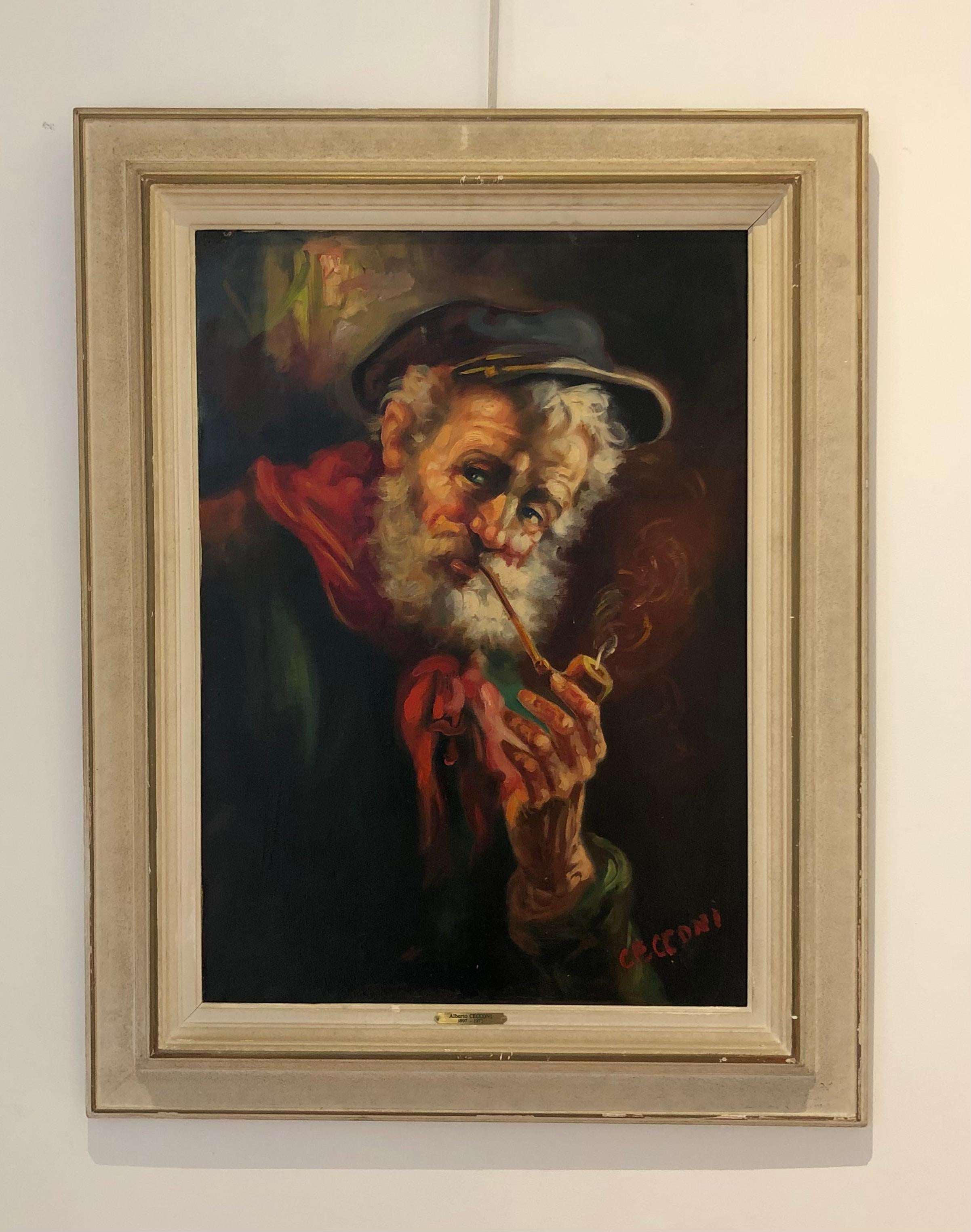 Vieil homme à la pipe - Painting de Alberto Cecconi