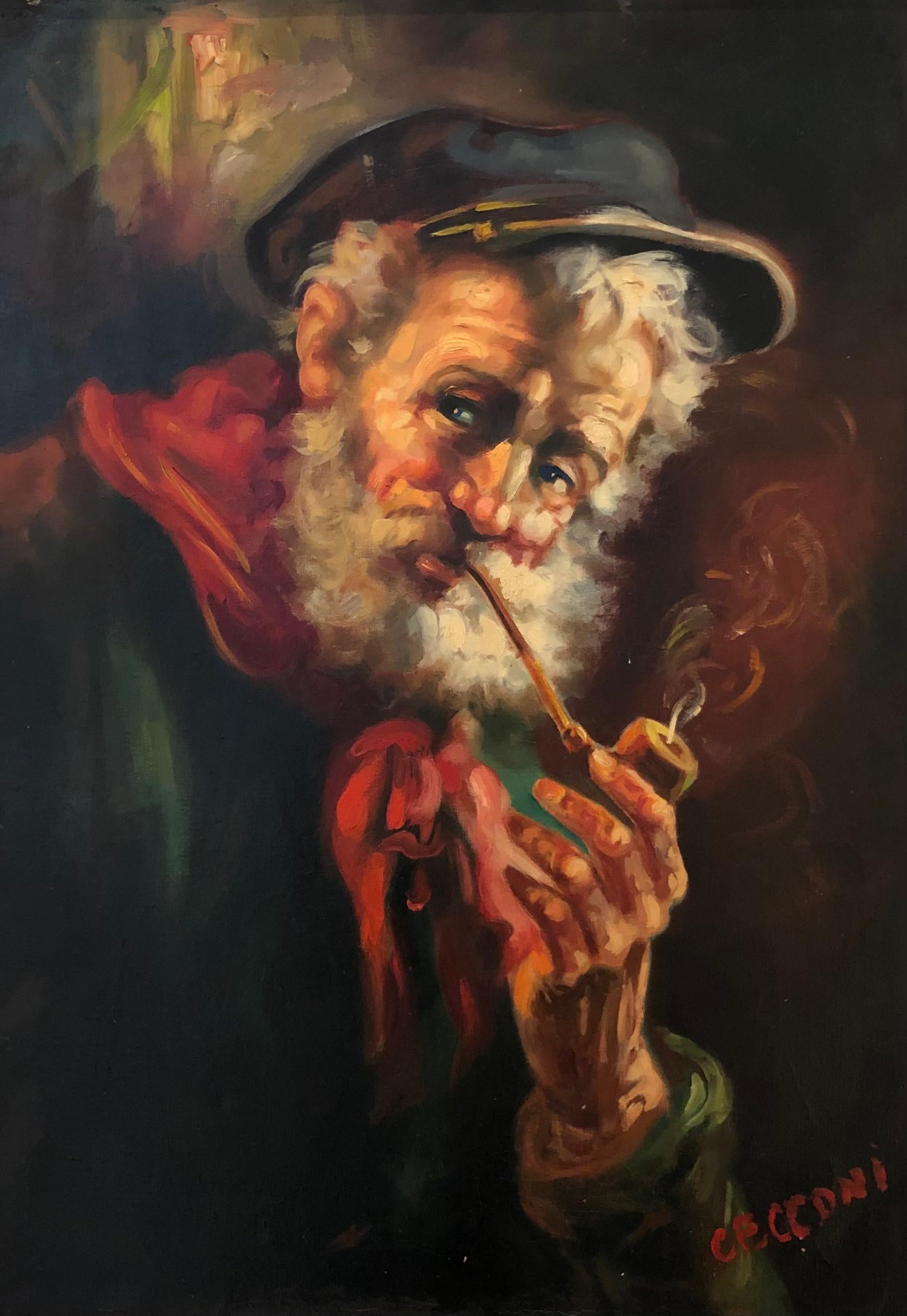 Figurative Painting Alberto Cecconi - Vieil homme à la pipe