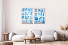 Forme ispirate alle maschere, astrazione simbolica, dittico blu di geroglifici primitivi