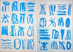 Forme ispirate alle maschere, astrazione simbolica, dittico blu di geroglifici primitivi