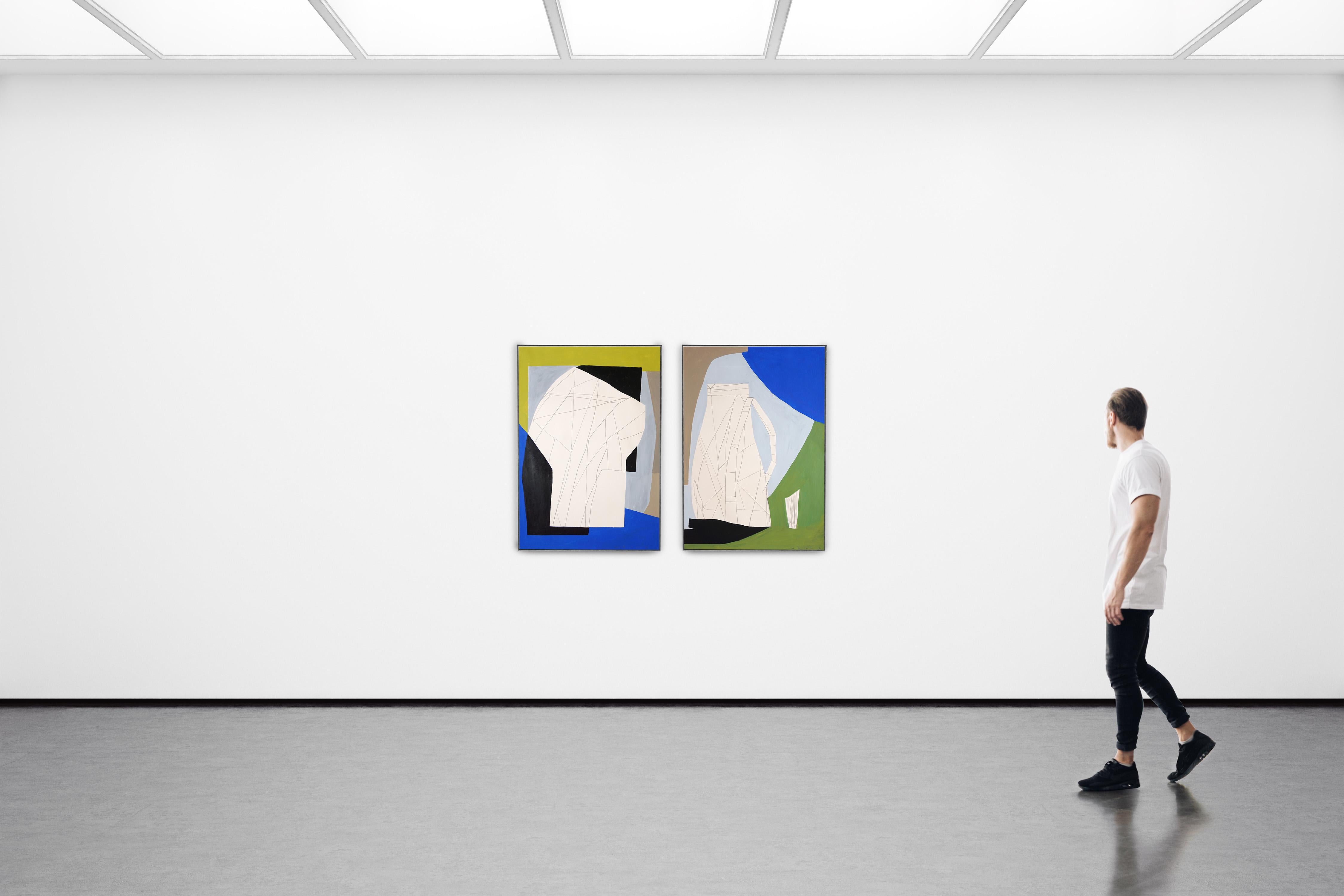 Stillleben mit Gläsern, modernes Diptychongemälde, kubistische Formen, Stillleben, Grün (Kubismus), Painting, von Alberto de Blobs 