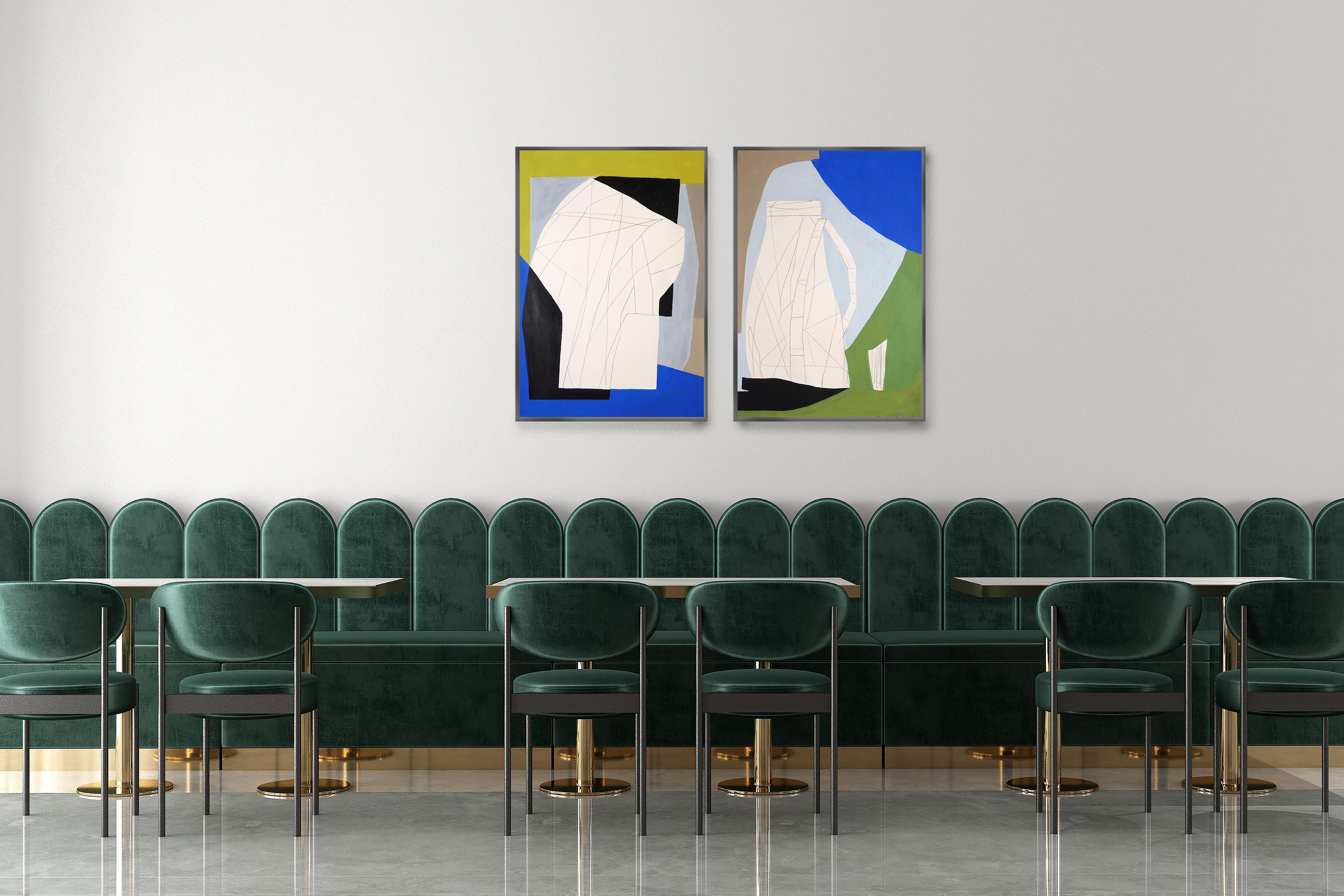 Stillleben mit Gläsern, modernes Diptychongemälde, kubistische Formen, Stillleben, Grün – Painting von Alberto de Blobs 