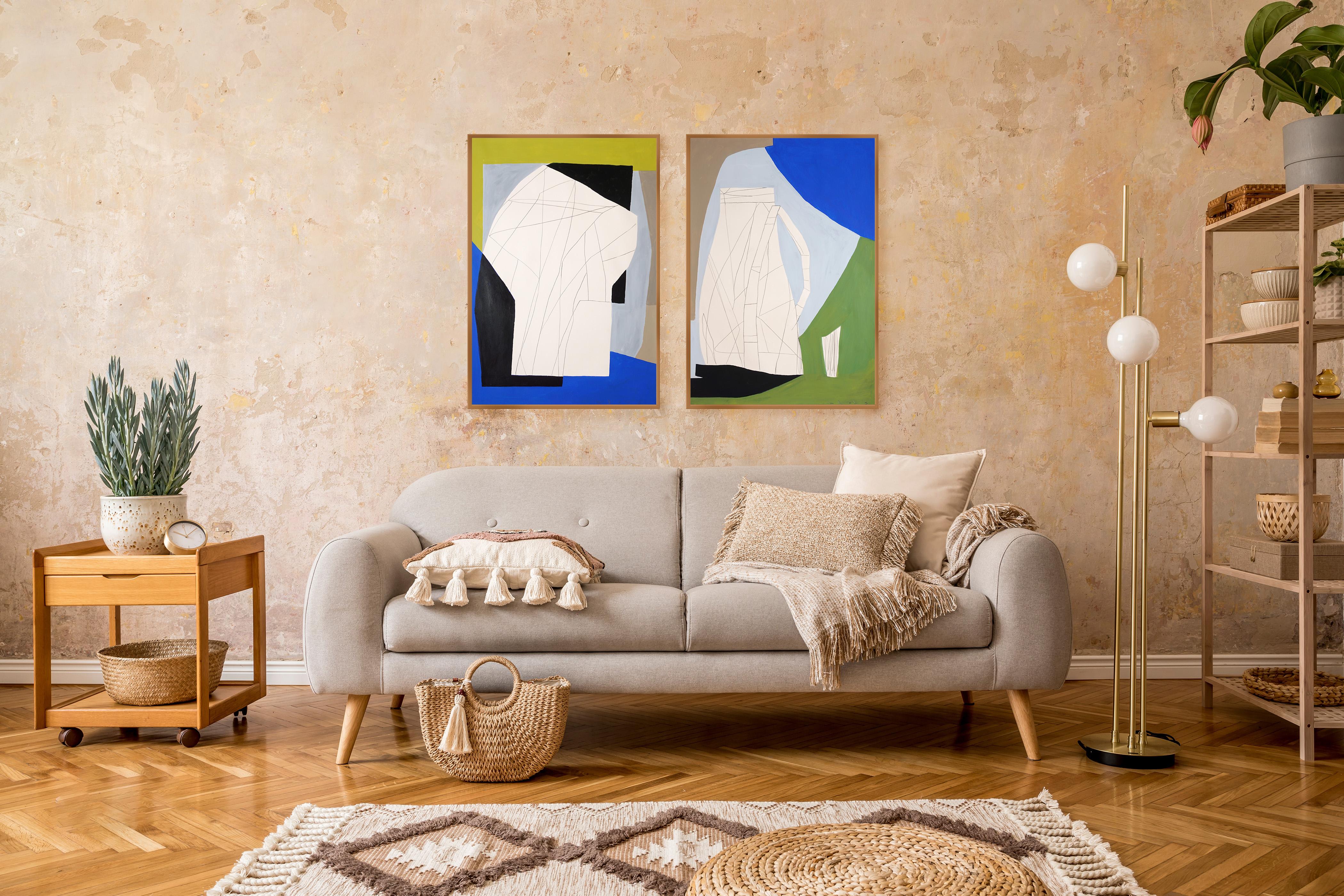 Stillleben mit Gläsern, modernes Diptychongemälde, kubistische Formen, Stillleben, Grün im Angebot 2