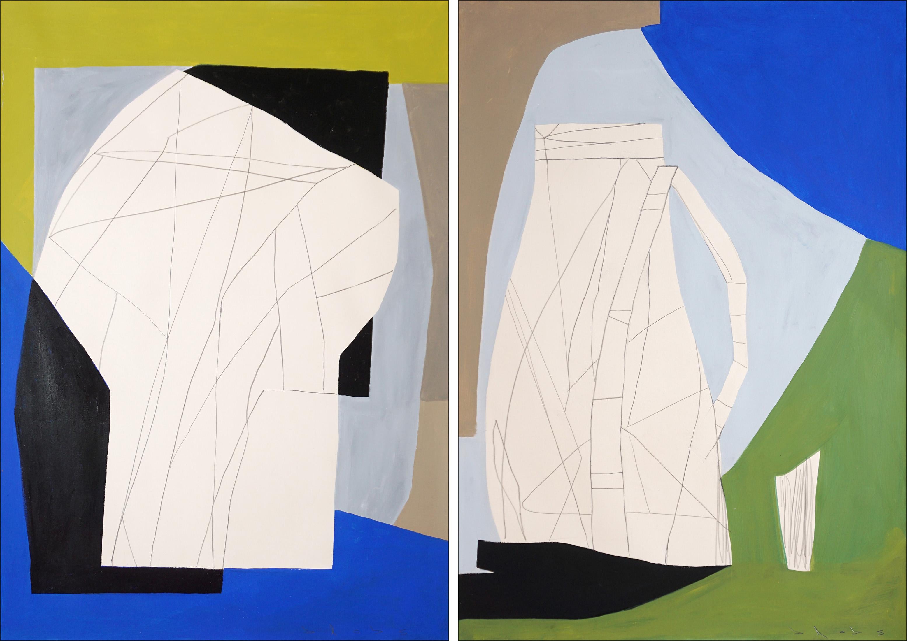 Nature morte aux jarres, peinture moderne en diptyque, nature morte aux formes cubistes, verte