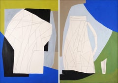 Still Life with Jars, Modern Diptych Painting, Cubist Shapes Still Life, Green