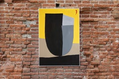 Vase Monument, kubistische Maske in Schwarz und Gelb, kühne Skulptur Malerei auf Papier