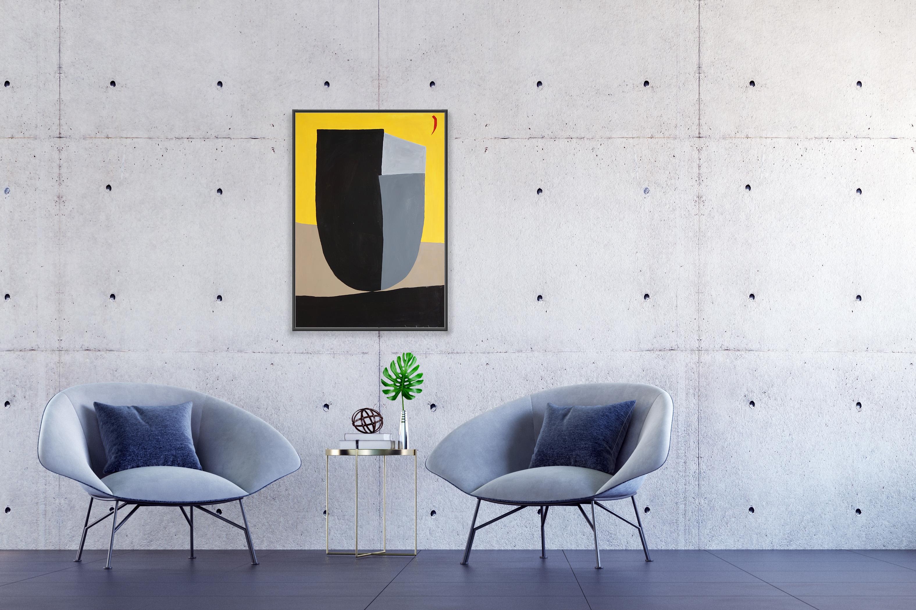 Vase Monument, Cubist Mask in Black and Yellow, Bold Sculpture Painting on Paper For Sale 1