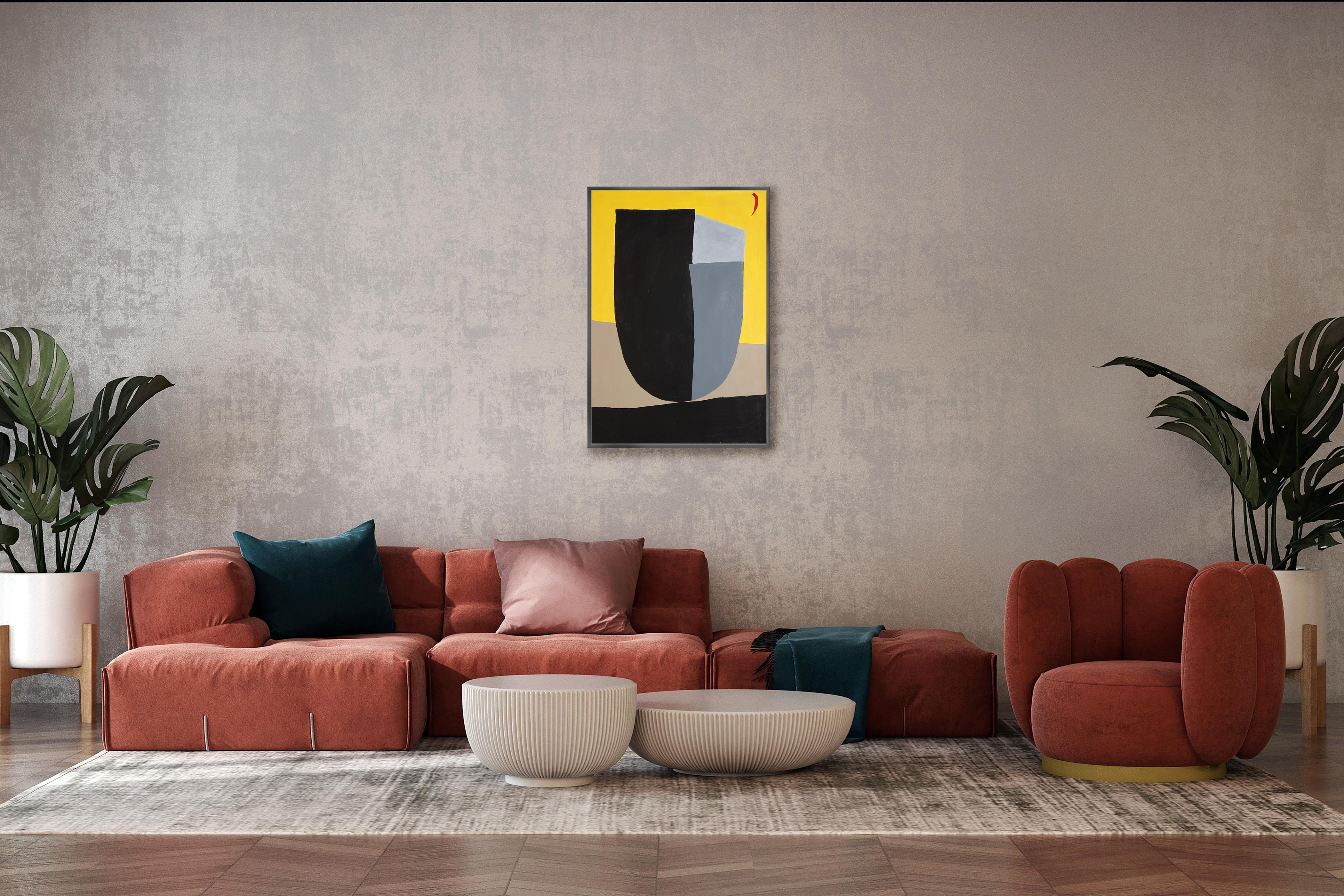 Vase Monument, Cubist Mask in Black and Yellow, Bold Sculpture Painting on Paper For Sale 2