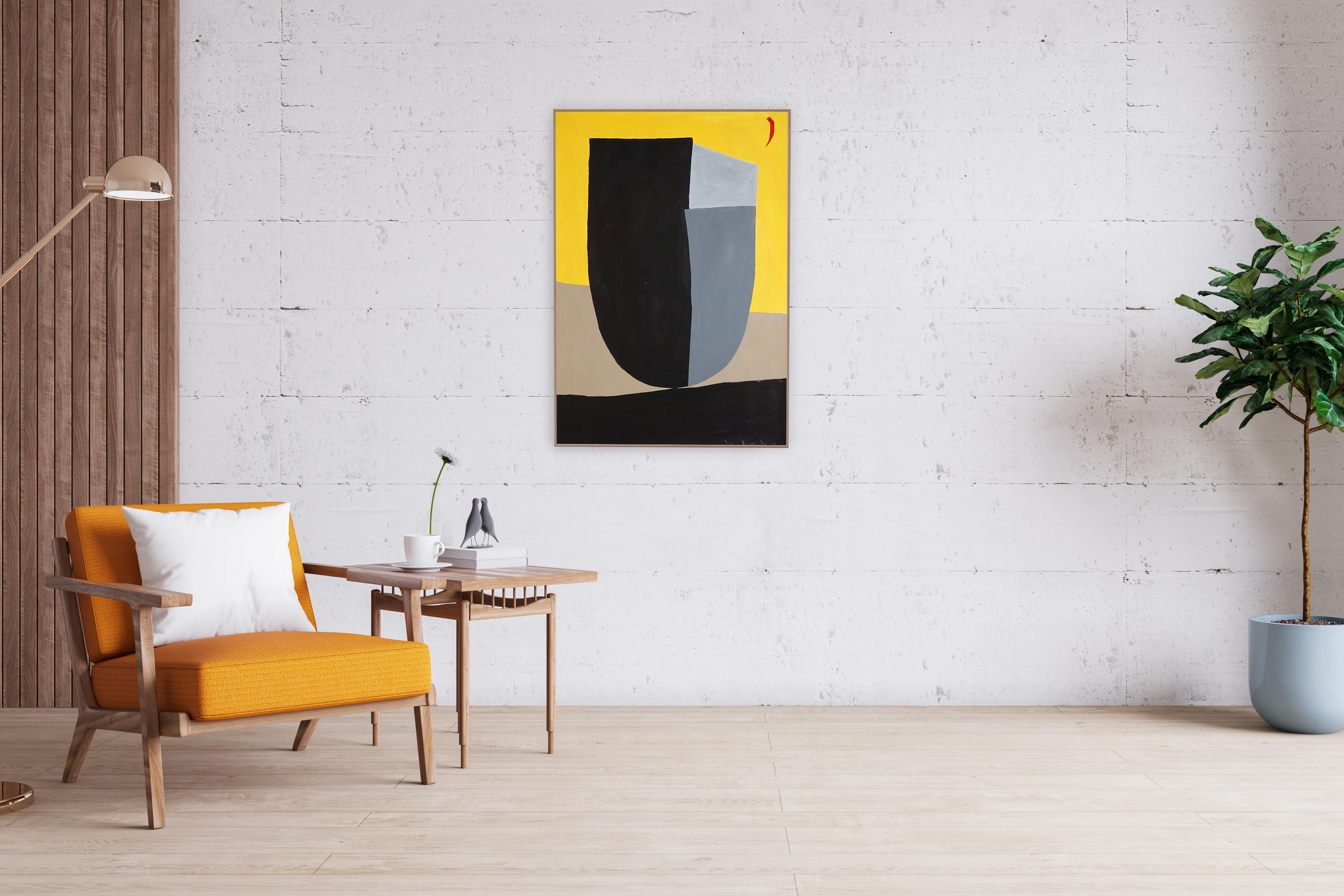 Vase Monument, Cubist Mask in Black and Yellow, Bold Sculpture Painting on Paper For Sale 3