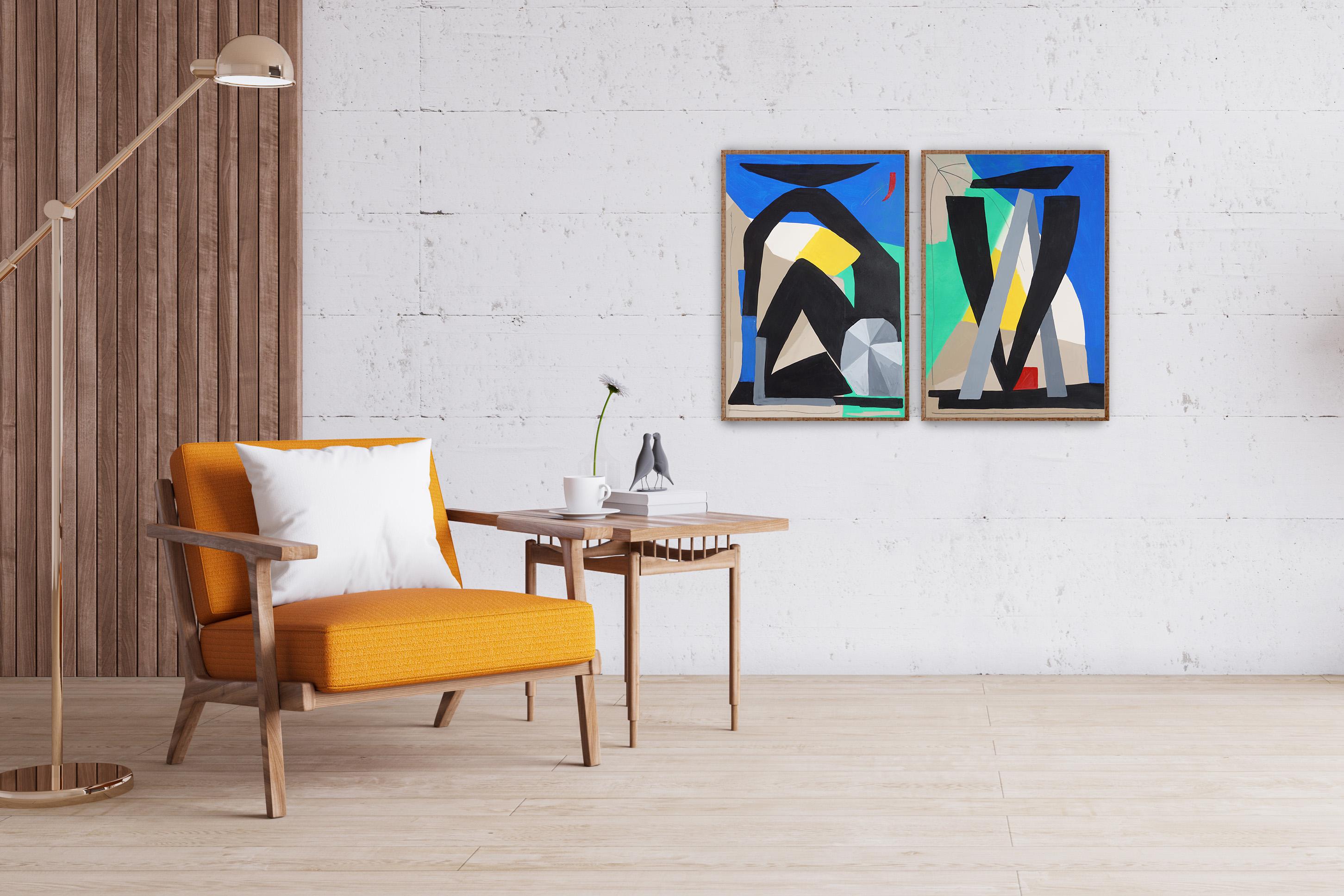 Abstract Cubist Diptych of Human Figures, Sitting with Each Other,  Black, Blue - Painting by Alberto de Blobs