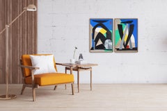 Dittico cubista astratto di figure umane sedute l'una con l'altra,  Nero, blu