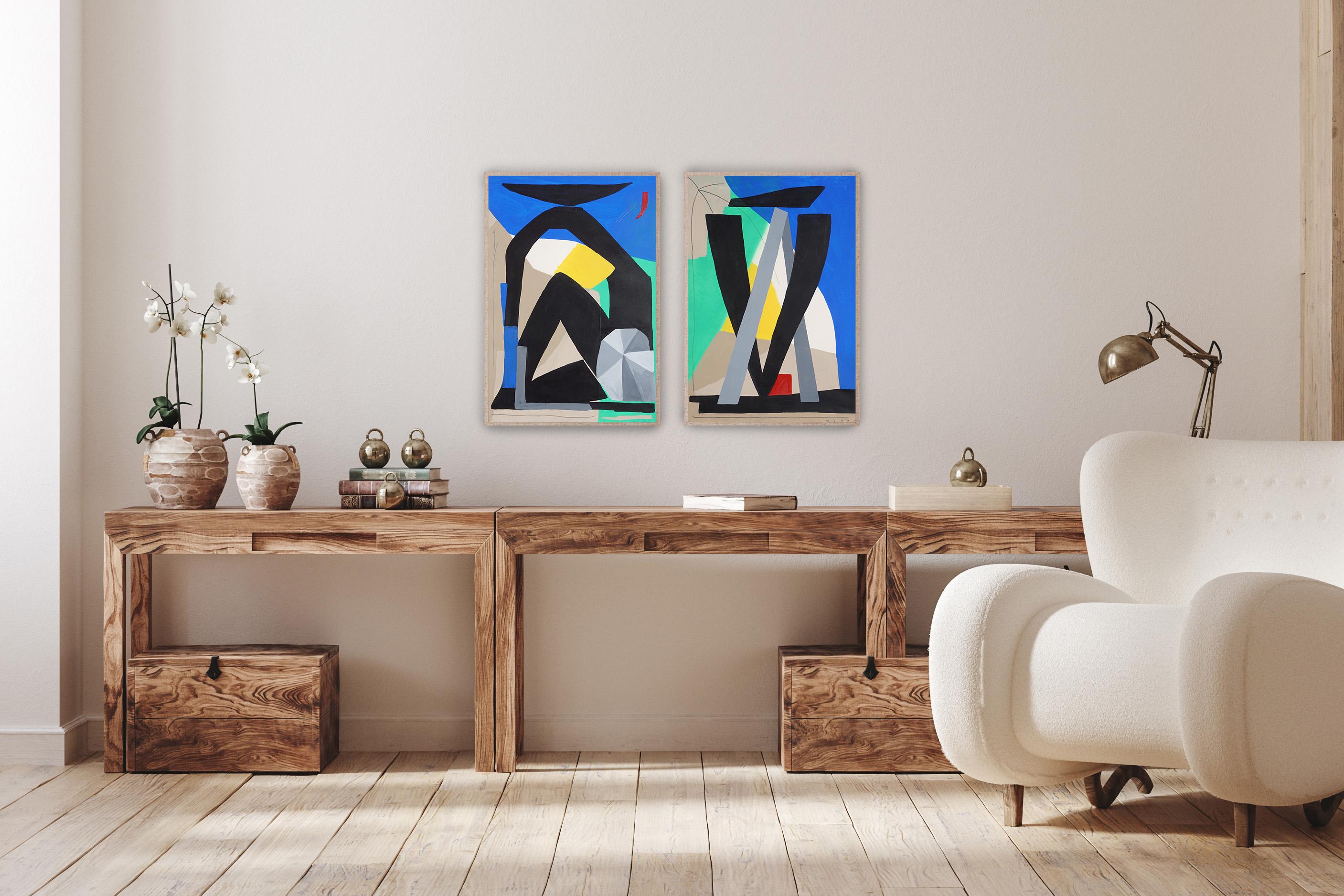 Abstract Cubist Diptych of Human Figures, Sitting with Each Other,  Black, Blue For Sale 1