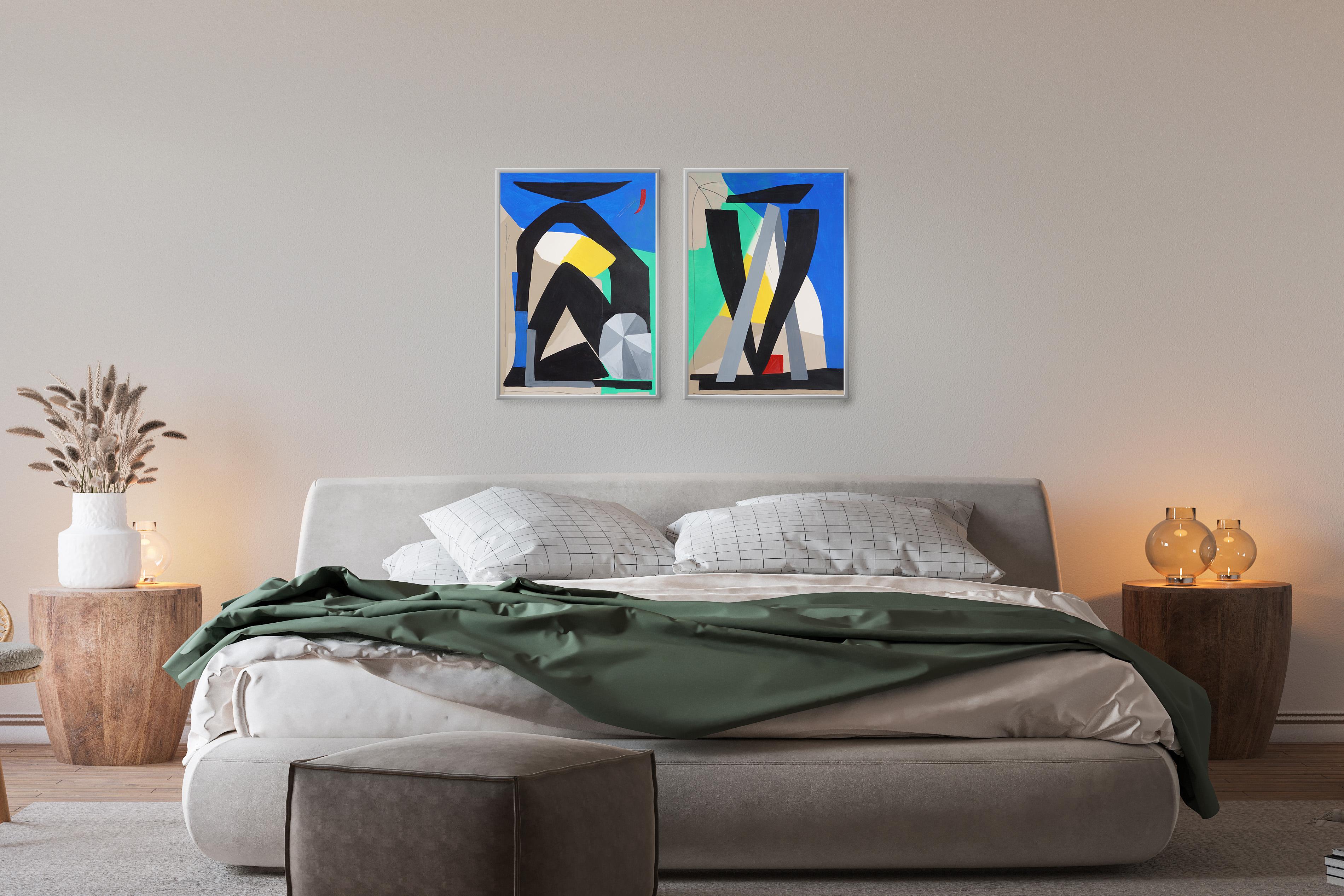 Abstract Cubist Diptych of Human Figures, Sitting with Each Other,  Black, Blue For Sale 4