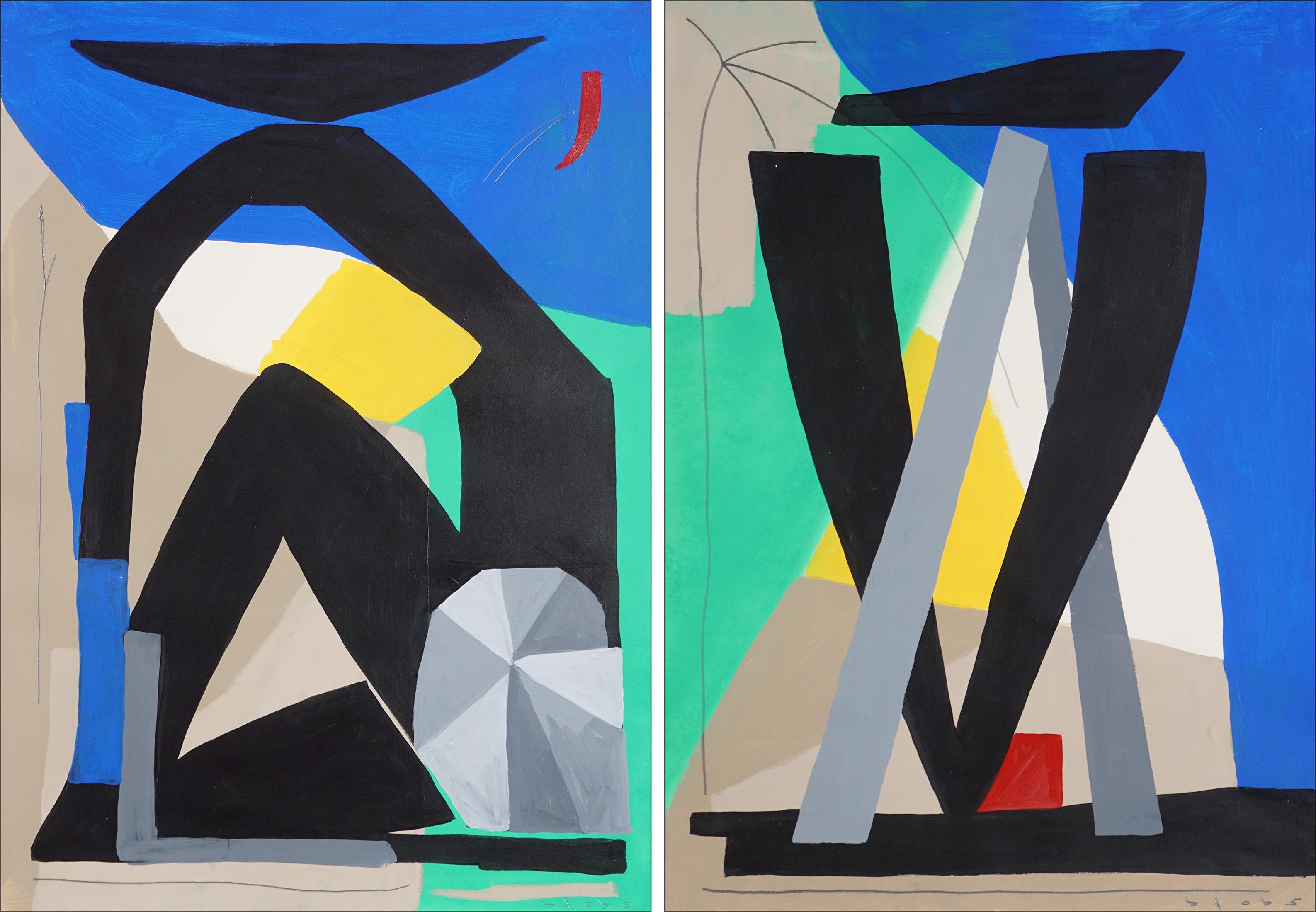 Dittico cubista astratto di figure umane sedute l'una con l'altra,  Nero, blu