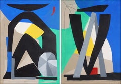 Dittico cubista astratto di figure umane sedute l'una con l'altra,  Nero, blu