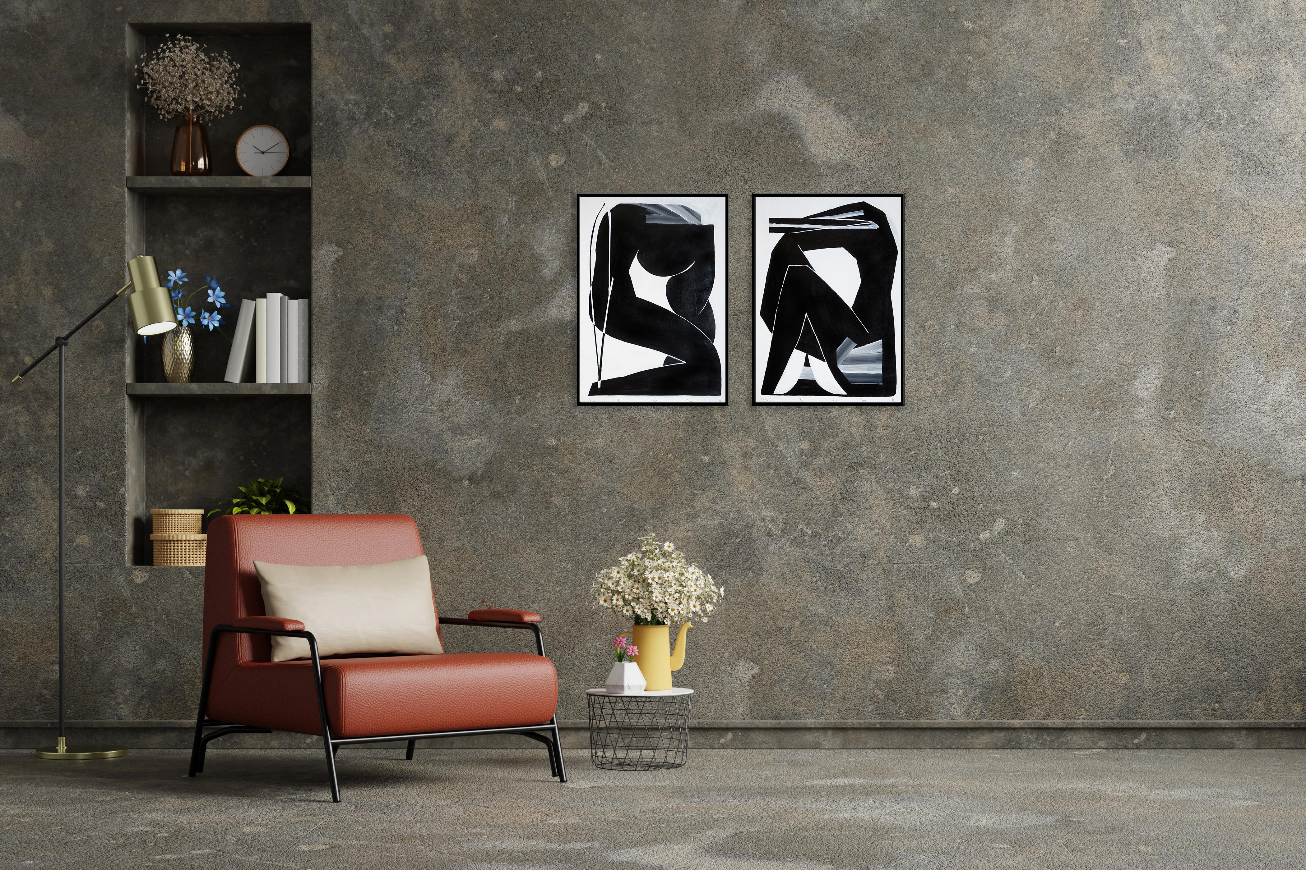 Both uf Us, Figures Diptych in Black and White, Nude Bodies, Acrylic on Paper - Painting de Alberto de Blobs