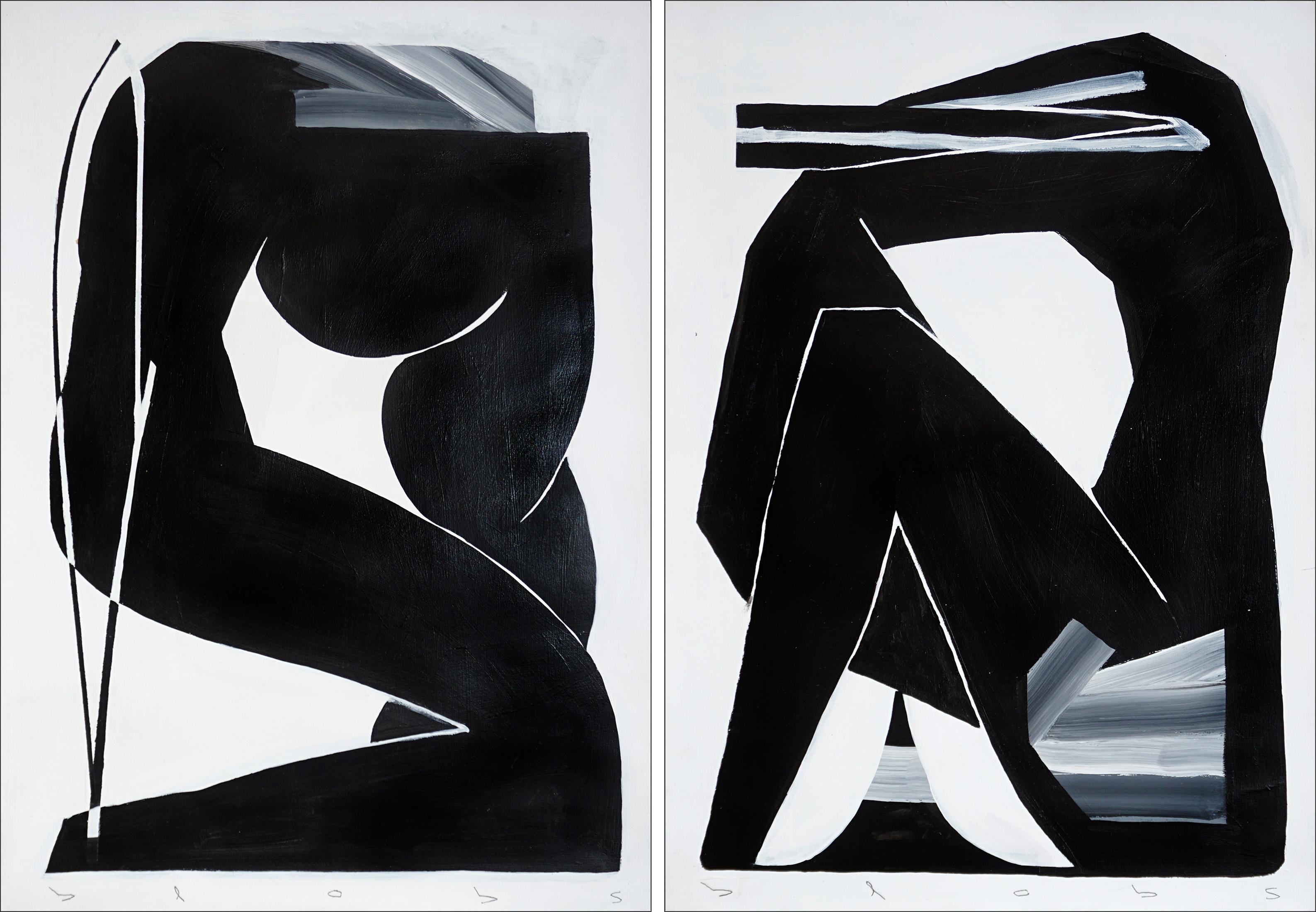 Figurative Painting Alberto de Blobs - Both uf Us, Figures Diptych in Black and White, Nude Bodies, Acrylic on Paper