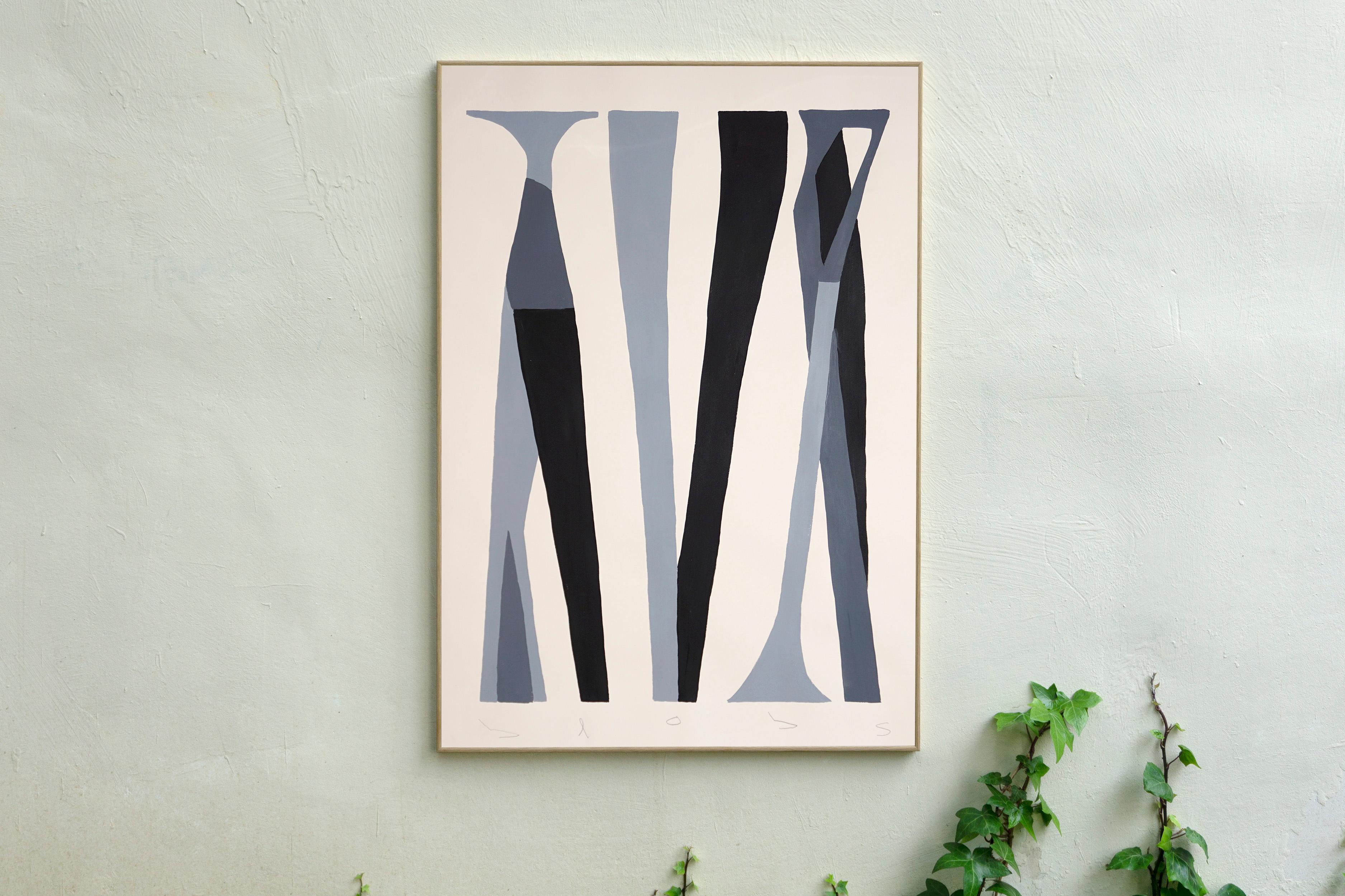 Brutalist Columns, Abstract Black and White, Cryptic Text, Oil Crayon on Paper - Painting by Alberto de Blobs