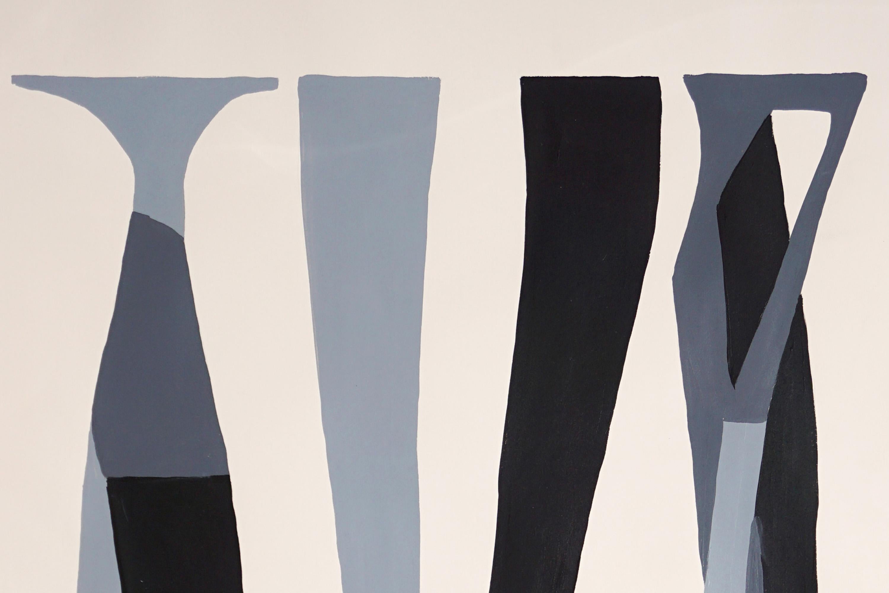 Brutalist Columns, Abstract Black and White, Cryptic Text, Oil Crayon on Paper - Modern Painting by Alberto de Blobs