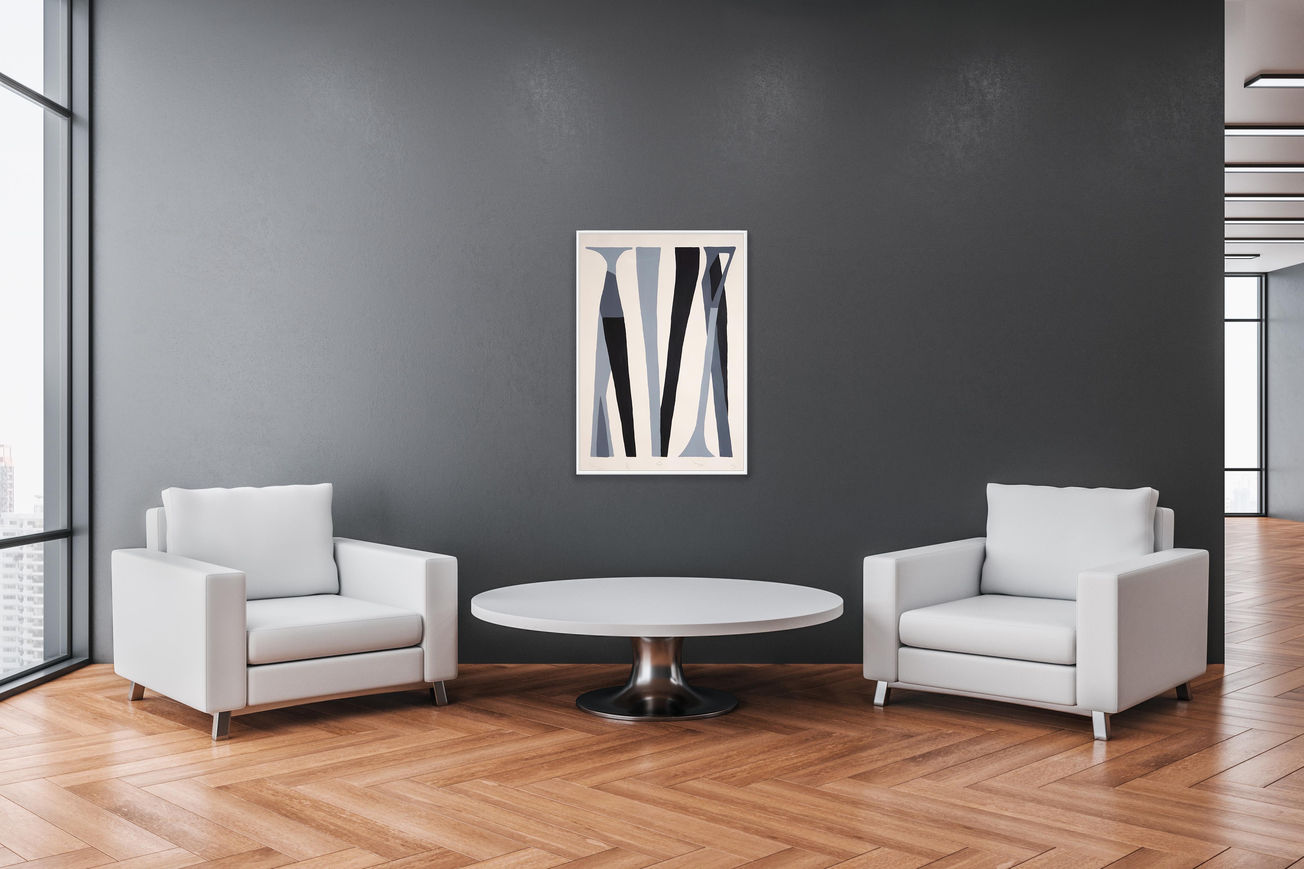 Brutalist Columns, Abstract Black and White, Cryptic Text, Oil Crayon on Paper For Sale 2
