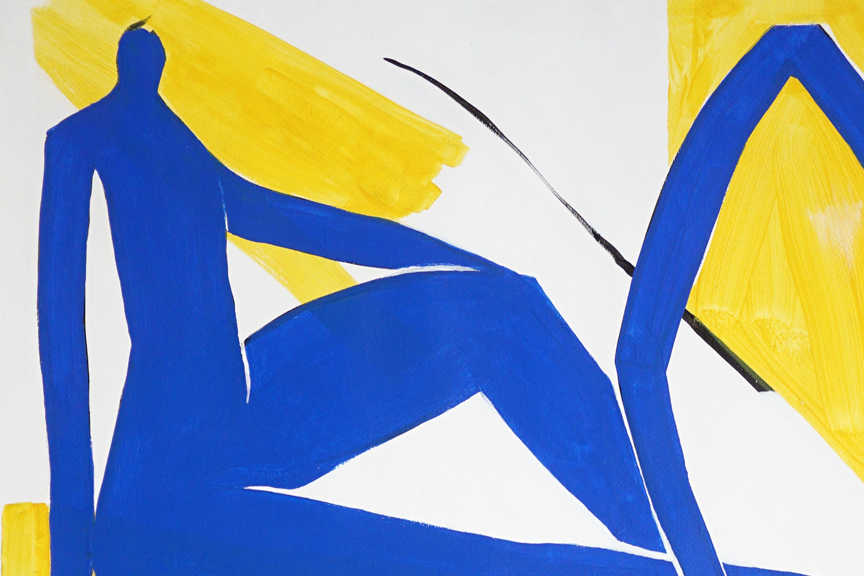 Figuras en la playa, Siluetas humanas azules y amarillas, Acrílico sobre papel, 2025 - Painting Moderno de Alberto de Blobs