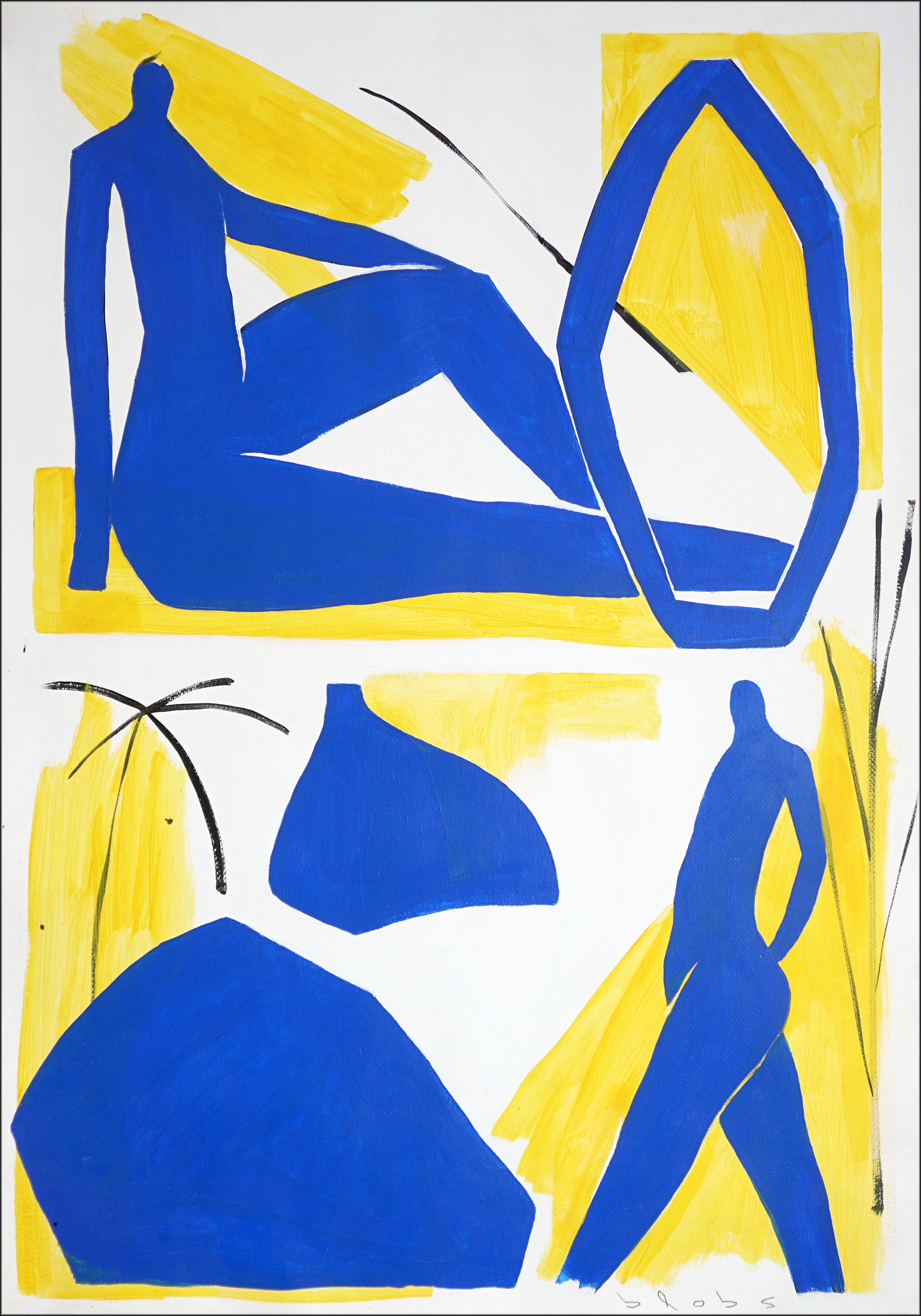 Figurative Painting de Alberto de Blobs - Figuras en la playa, Siluetas humanas azules y amarillas, Acrílico sobre papel, 2025