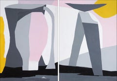 Lovers at a Picnic, Modernes Figuren Diptychon, Rosa Pastell , Avantgarde-Gemälde