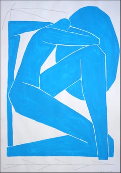 Modernist Figurative Painting in Saturated Blue, Balanced Architectural Figure