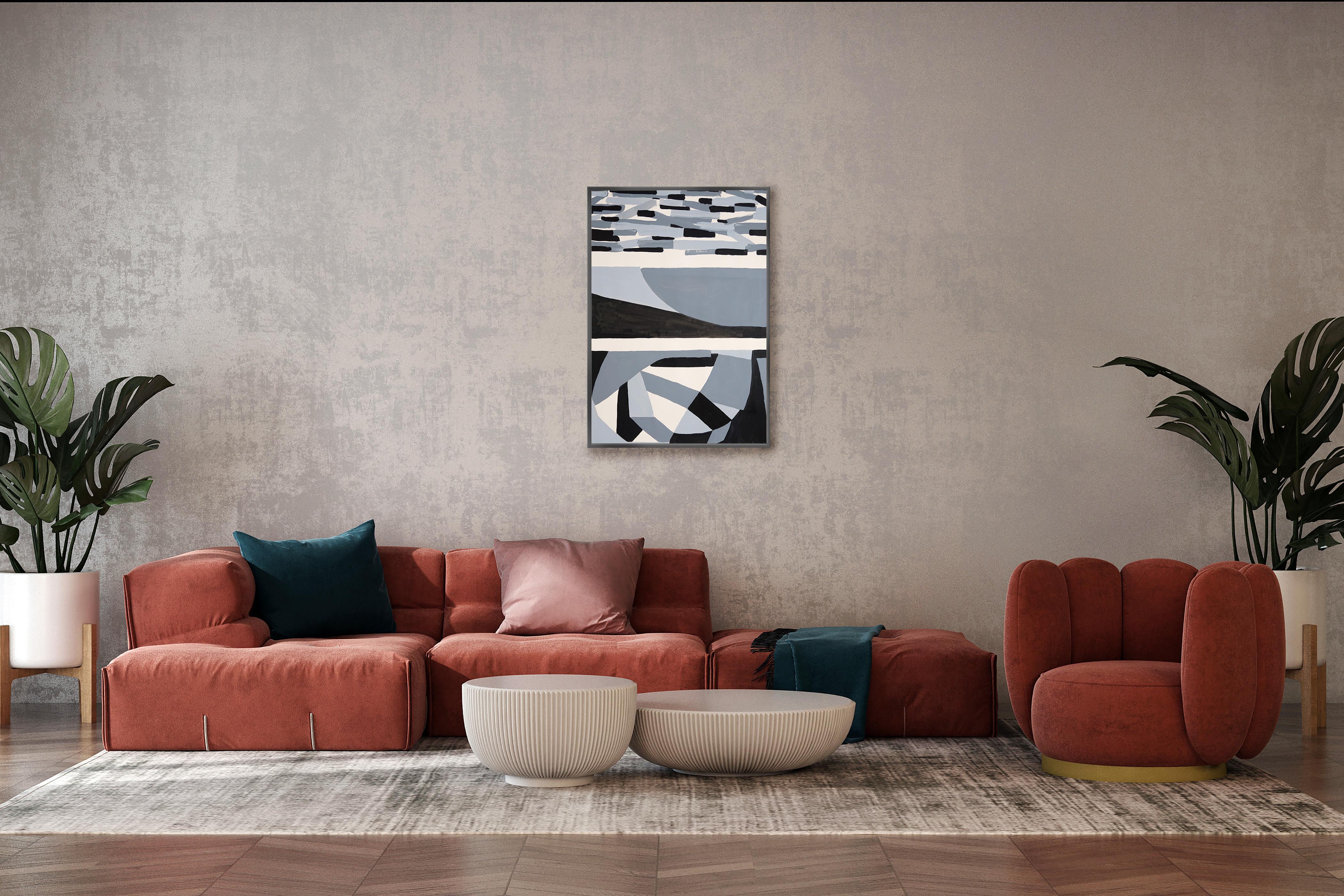 The Shipwreck, Abstract Geometric Landscape in Black and White, Gray Rectangles - Painting by Alberto de Blobs