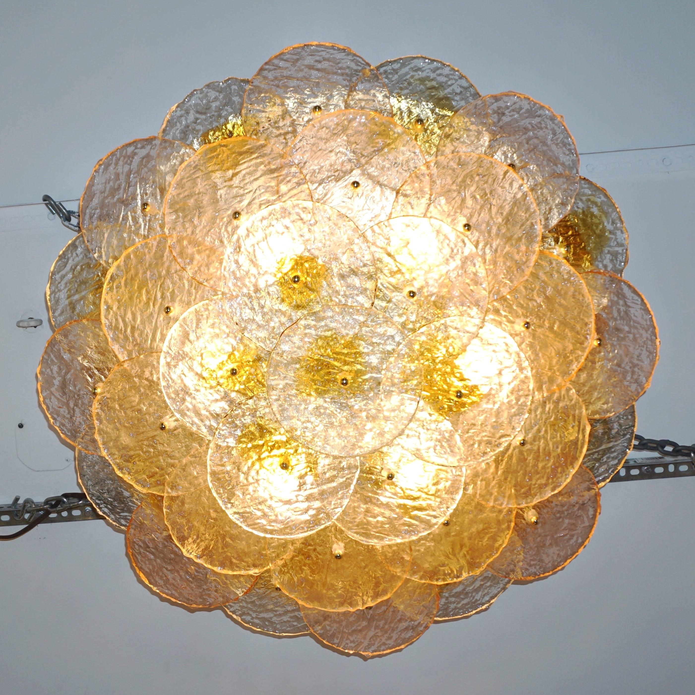 Italian Design vintage floral flush mount chandelier, original by Maestro blower Alberto Donà from the 70s, this organic modern lighting fixture comes from the family of the artist. The textured crystal Murano glass disks in pink rose and amber gold