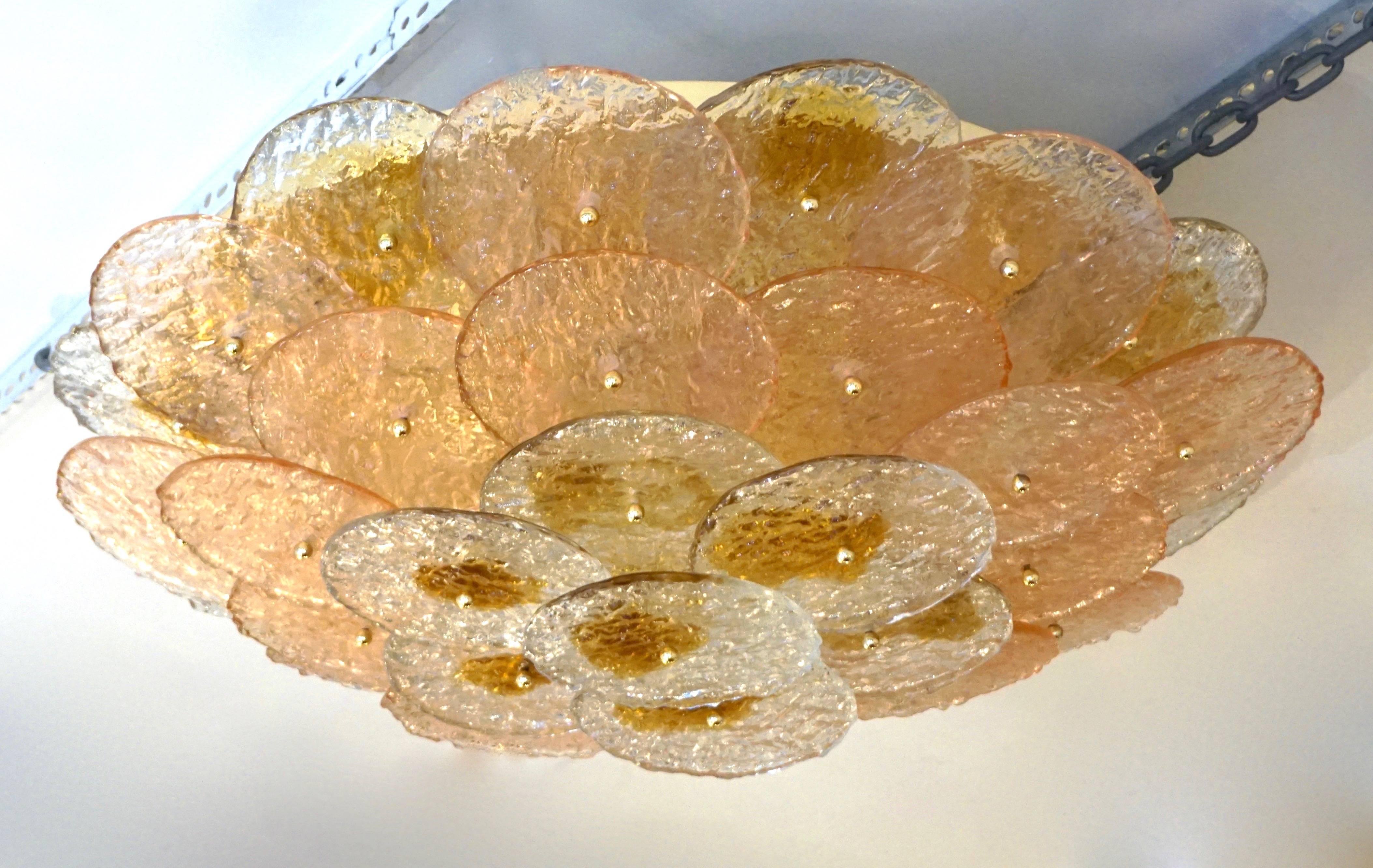 Italian Alberto Donà 1970s Textured Pink Amber Gold Murano Glass Flush Mount Chandelier 