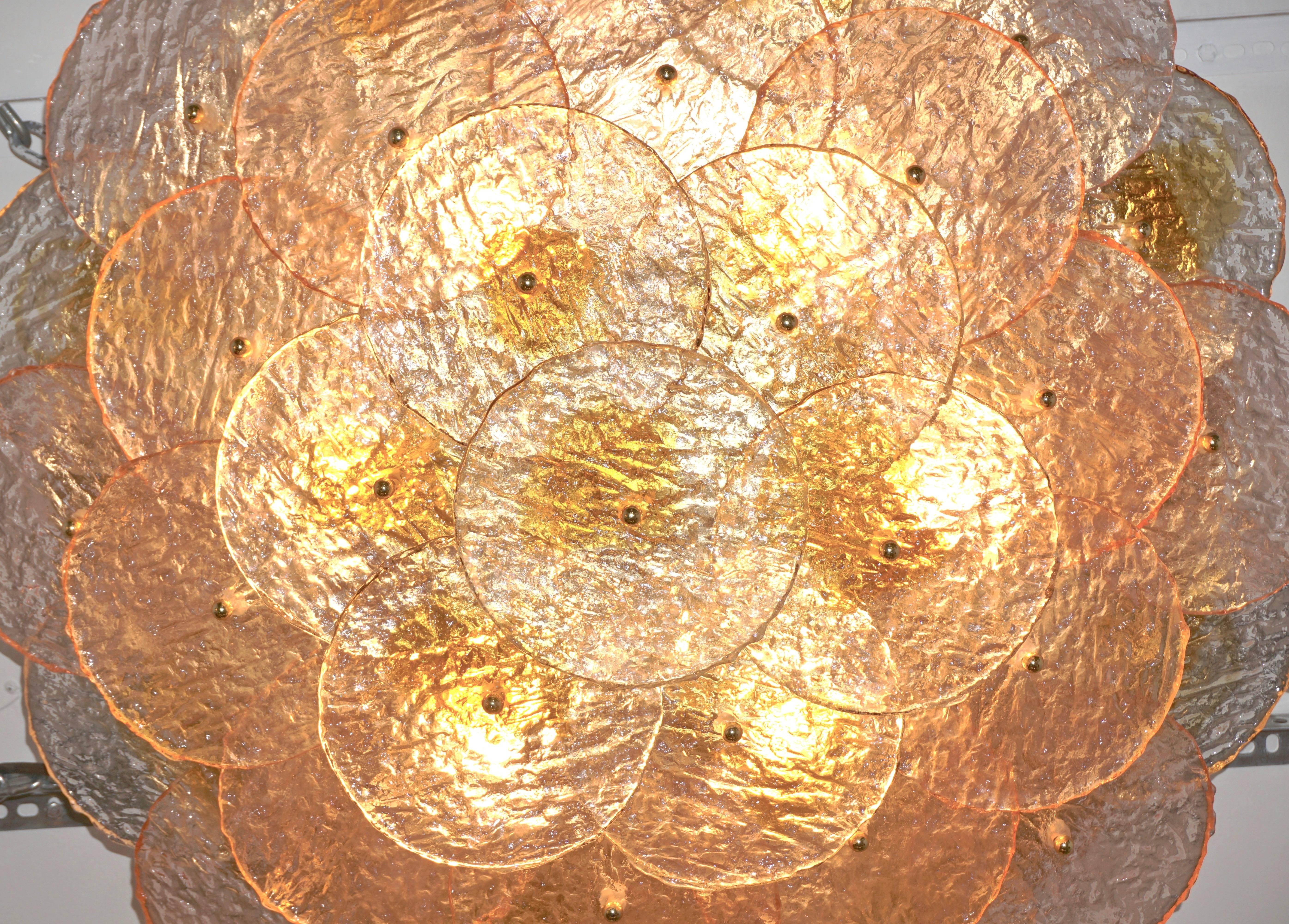 Hand-Crafted Alberto Donà 1970s Textured Pink Amber Gold Murano Glass Flush Mount Chandelier 