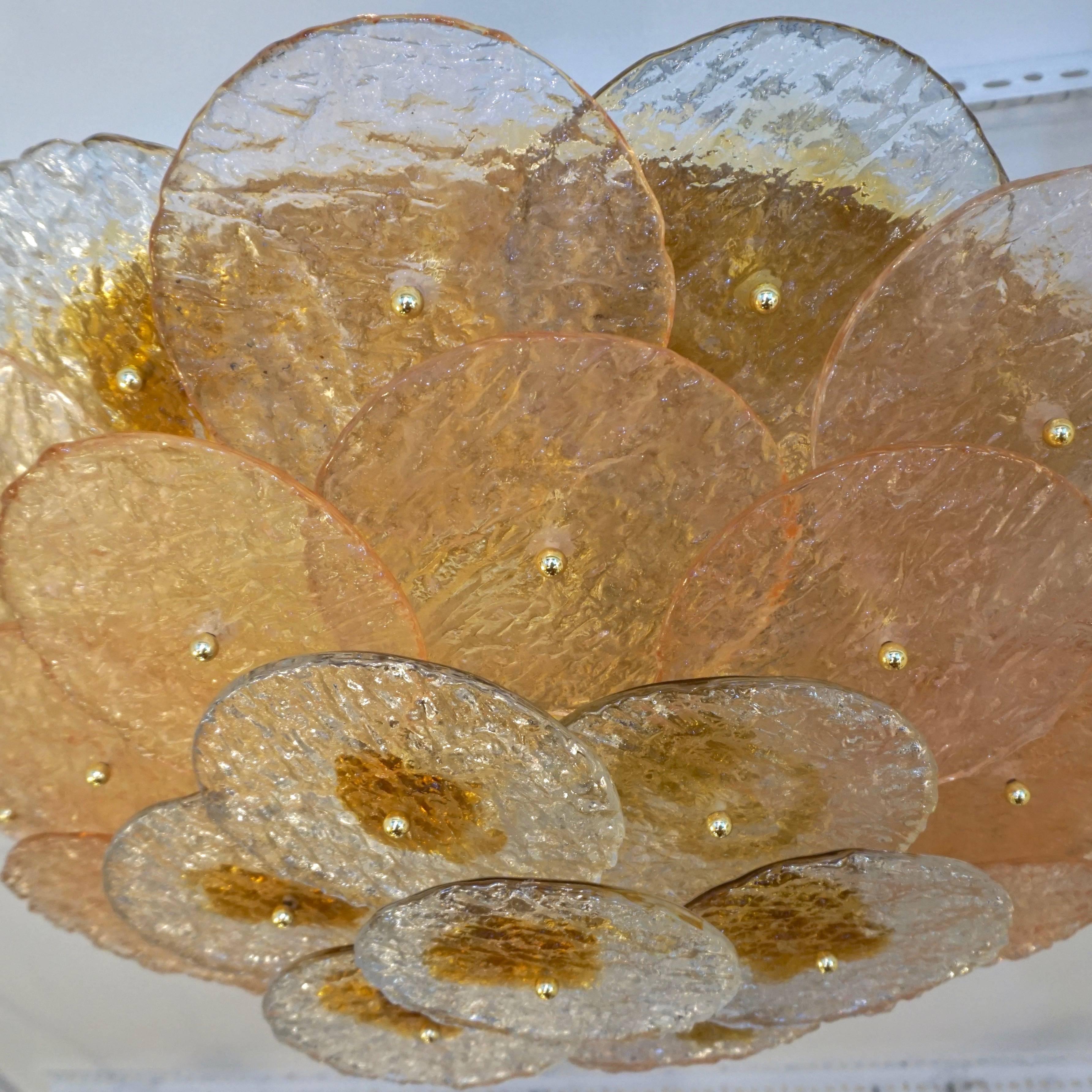 Late 20th Century Alberto Donà 1970s Textured Pink Amber Gold Murano Glass Flush Mount Chandelier 