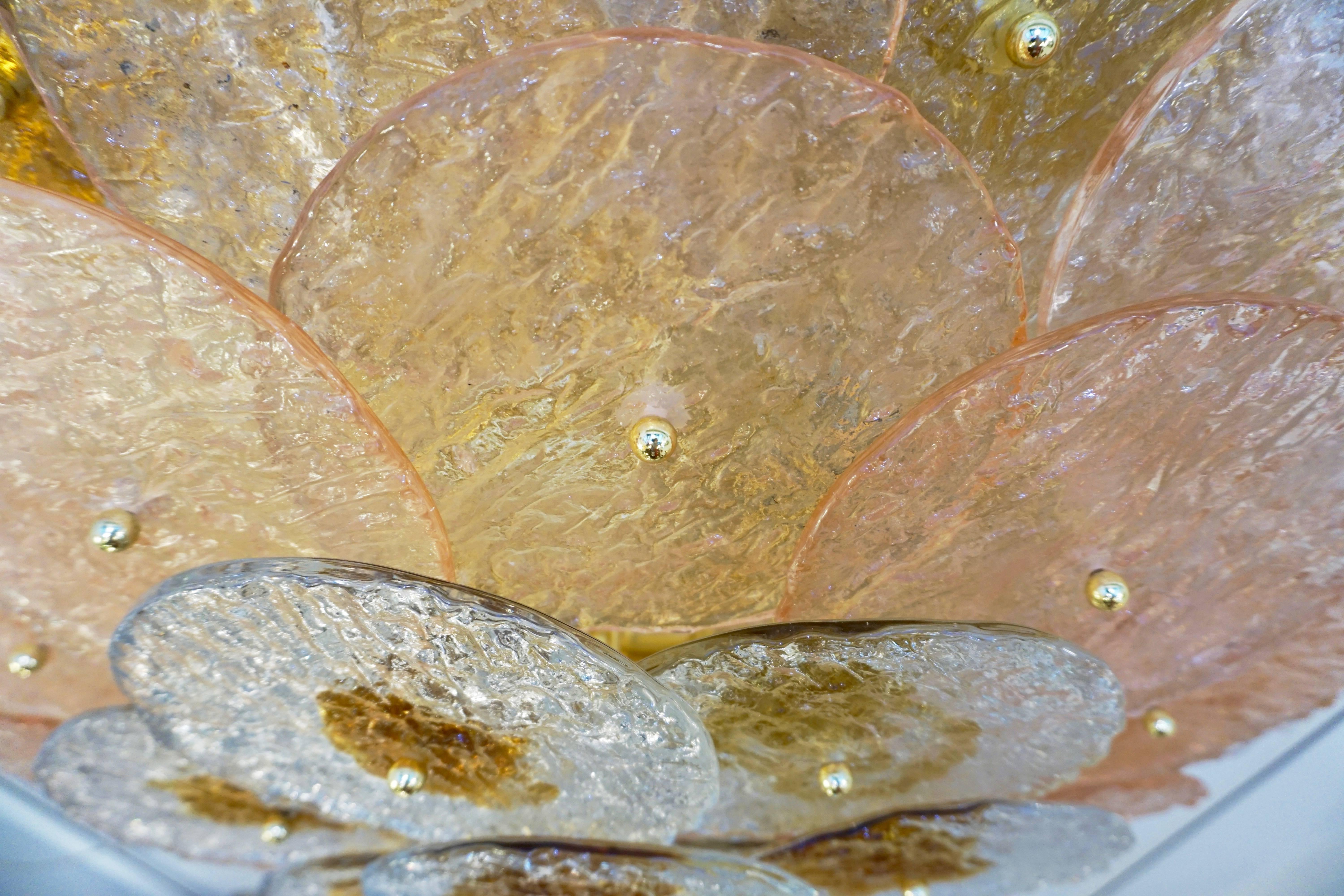Brass Alberto Donà 1970s Textured Pink Amber Gold Murano Glass Flush Mount Chandelier 