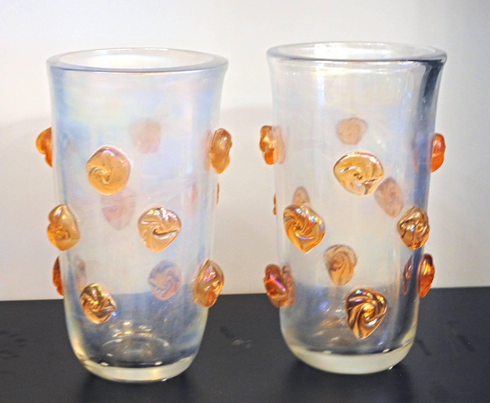 Modern Alberto Donà, Clear Deep Iridescence and Orange Blush Rosettes Glass Vase